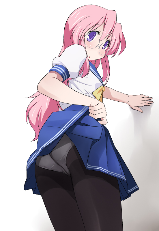 1girls, blue eyes, female, glasses, katatsuka kouji, looking back at viewer, lucky star, miyuki takara, panties, pantyhose, pink hair, ryouou school uniform, simple background, skirt lift, tagme