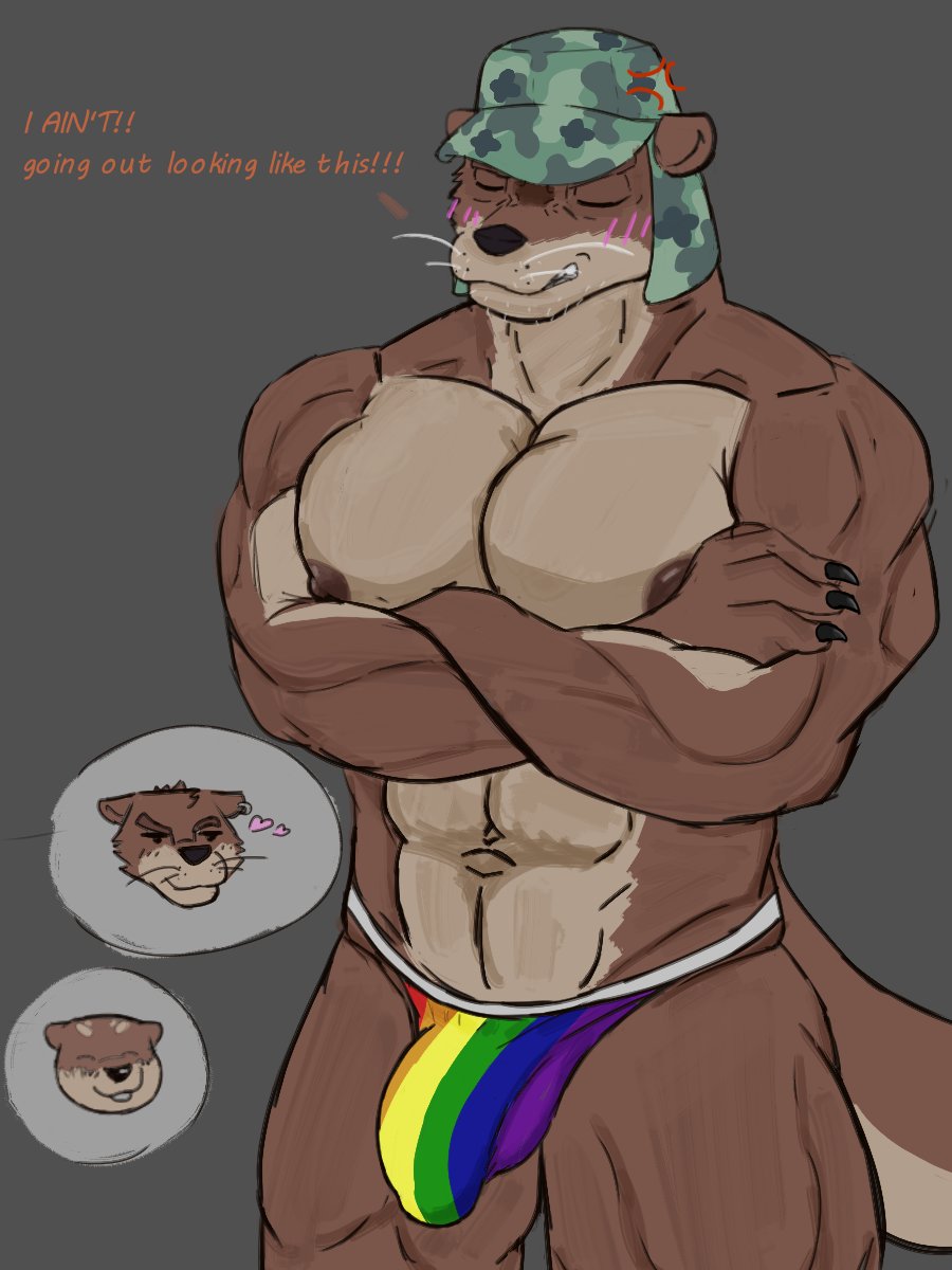 3:4 abs angry anthro brown_body bulge clenched_teeth closed_eyes clothed clothing echo_(series) echo_project group half_naked hat headgear headwear hi_res humanoid lgbt_pride lgbt_pride_month long_tail male mammal mr._bronson muscular muscular_male mustelid nails nipples otter racingtime244 simple_background simple_face smile standing sydney_bronson tail teeth text the_smoke_room thought_bubble todd_bronson trio underwear underwear_only white_body