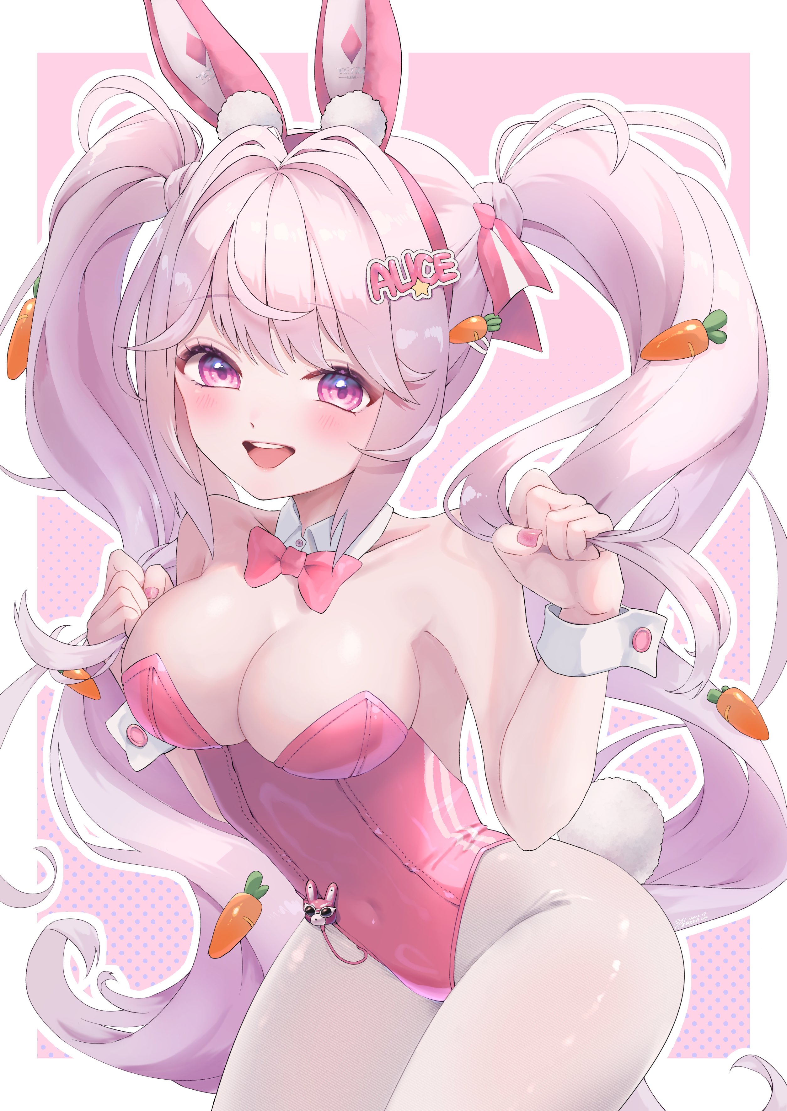 1girls, alice (nikke), alice (wonderland bunny) (nikke), blush, breasts, bunny ears, bunnysuit, cleavage, female, female only, fully clothed, goddess of victory: nikke, hair, hips, open mouth, pink eyes, revealing clothes, simple background, skimpy clothes, thighs, tight clothing, twintails, upper teeth, white hair