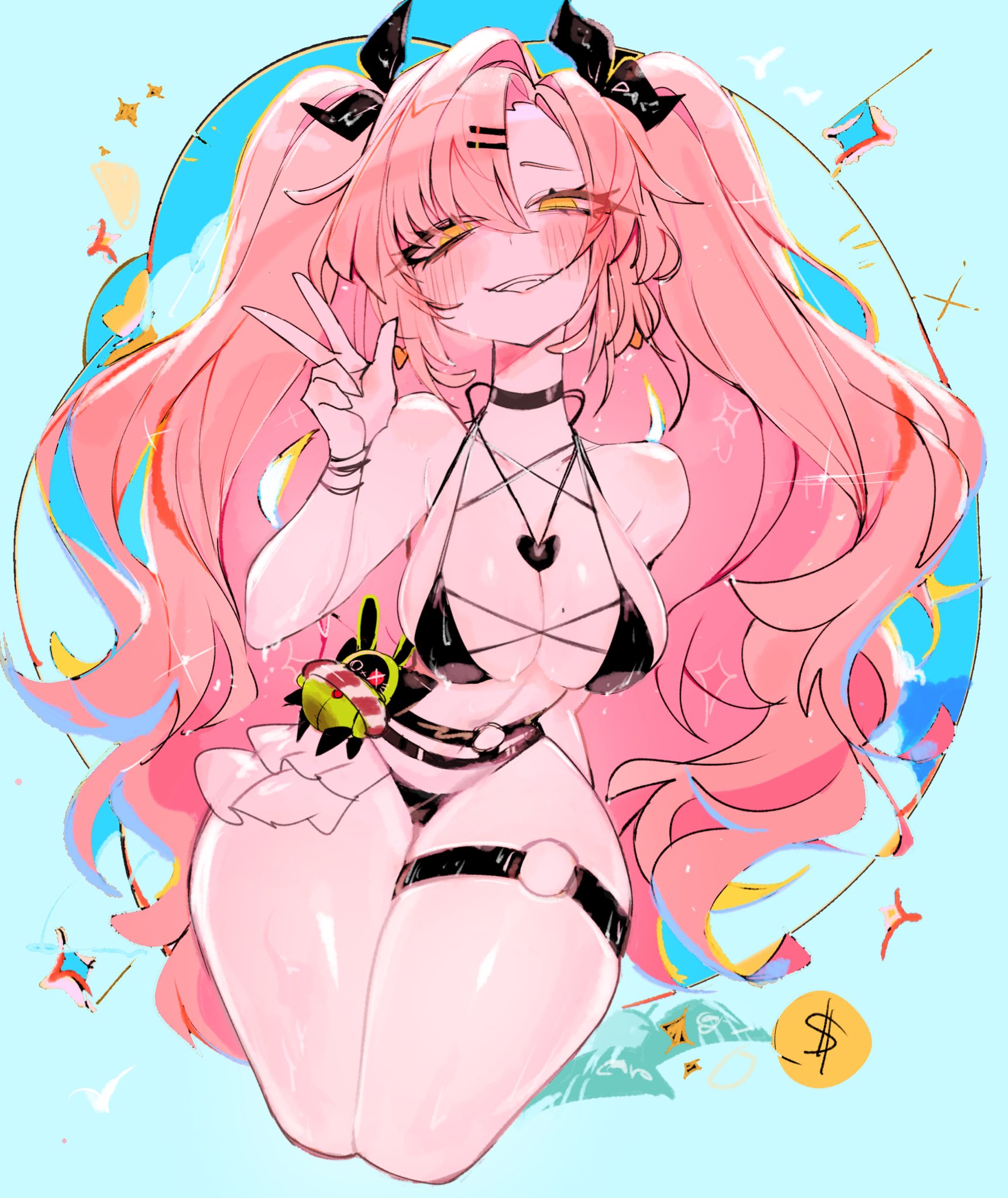 1girls, big breasts, bikini, blue background, blush lines, breasts, female, hoyoverse, light skin, light-skinned female, long hair, mole, mole on breast, nicole demara, peace sign, pink hair, smile, solo, solo female, thick thighs, thighs, twintails, usa37107692, yellow eyes, zenless zone zero