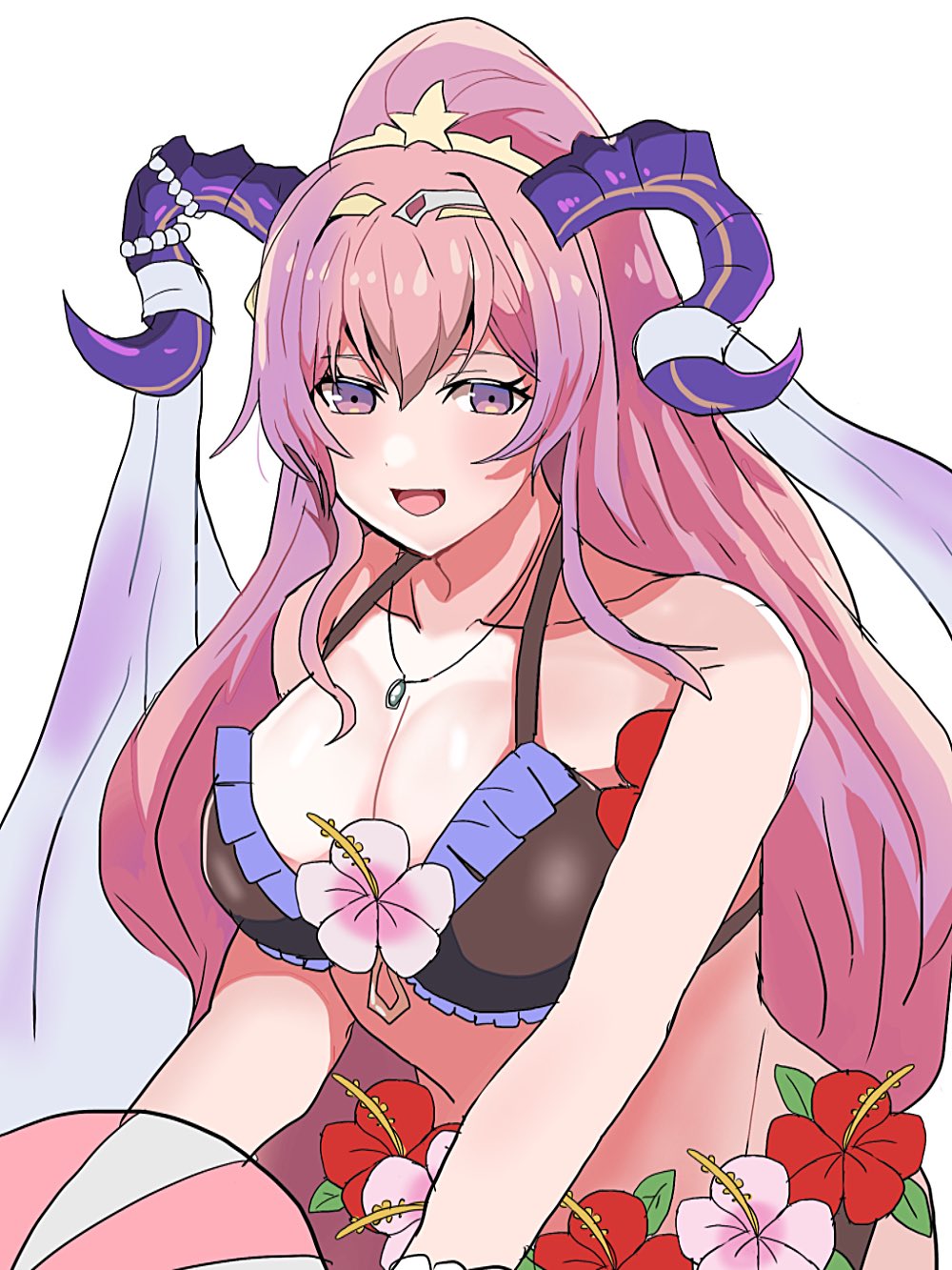 1girls :d alternate_costume bare_shoulders bikini black_bikini black_swimsuit breasts cleavage female female_only fire_emblem fire_emblem_heroes goat_horns hair_between_eyes highres horns jewelry large_breasts long_hair looking_at_viewer necklace nerthuz_(fire_emblem) nerthuz_(summer)_(fire_emblem) nintendo official_alternate_costume open_mouth pink_hair ponytail purple_eyes rem_(eyes_410) smile solo swimsuit upper_body very_long_hair white_background