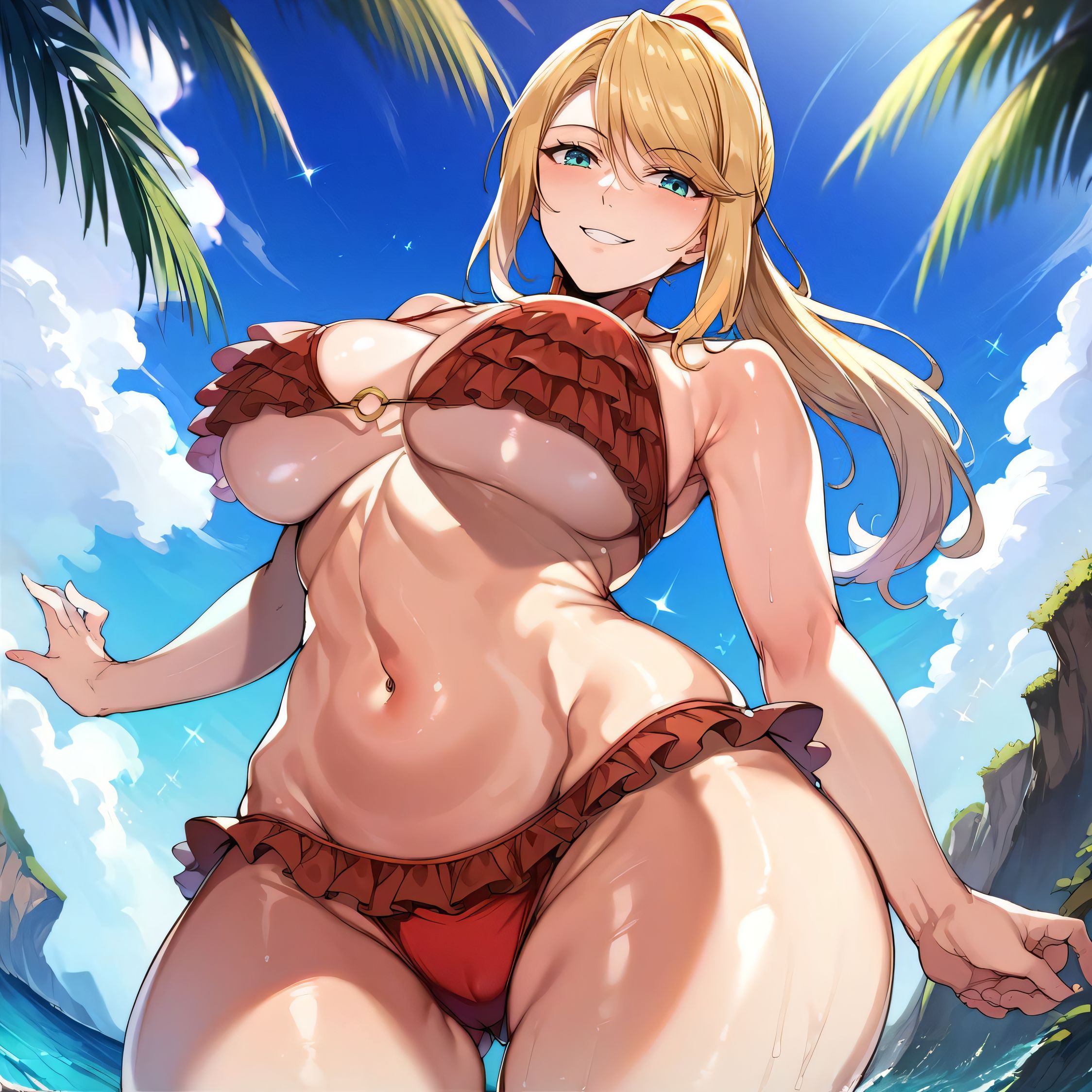 1girls, ai generated, alternate breast size, big breasts, bikini, breasts, busty, curvaceous, curvy, curvy body, curvy female, curvy figure, female, huge breasts, large breasts, metroid, nipples, samus aran, sweat, sweating, sweaty, sweaty body, sweaty breasts, swimwear, thick thighs, thighs, venus body