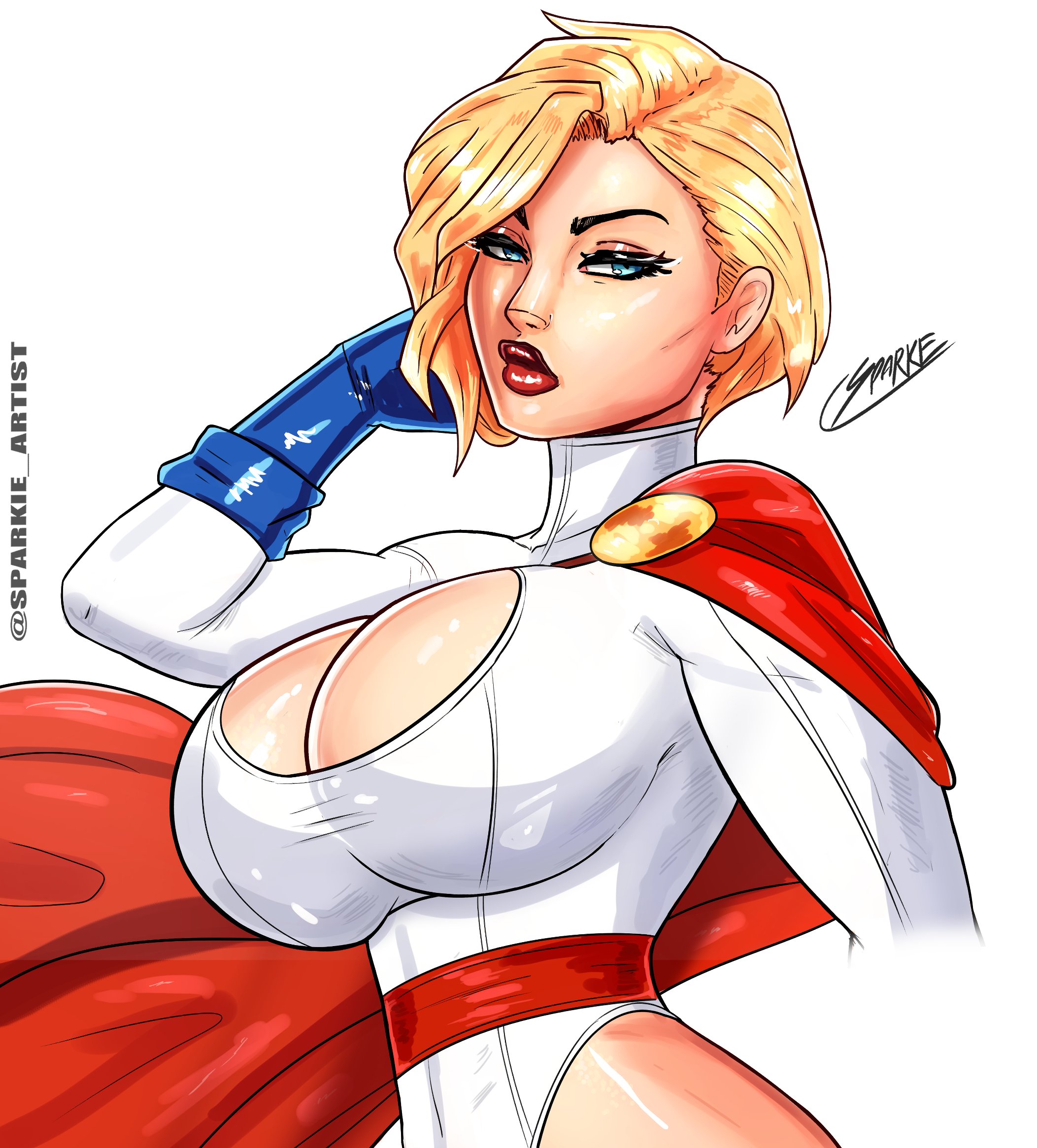 big breasts, blonde hair, blue eyes, breasts, busty, cleavage, cleavage cutout, dc, dc comics, female, female focus, female only, hourglass figure, kara zor-l, karen starr, large breasts, makeup, pinup, pinup pose, power girl, short hair, sparkietheartist, superman (series), tagme