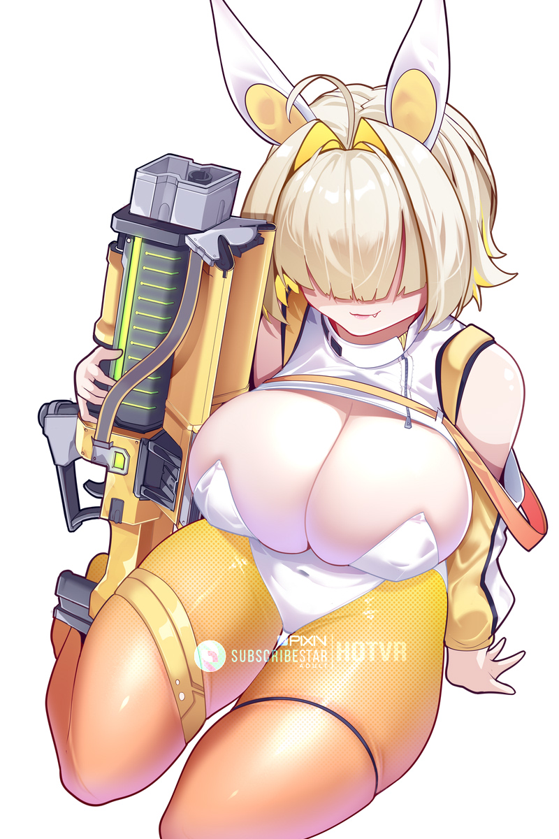 1girls, ahoge, ass, bare shoulders, big ass, big breasts, blonde hair, blunt bangs, breasts, bunny ears, bunnysuit, cleavage, cleavage overflow, cute fang, elegg (nikke), fake animal ears, female, female only, goddess of victory: nikke, hair covering eyes, hair intakes, hair over eyes, hotvr, large breasts, leotard, on floor, pantyhose, sitting, skindentation, solo, solo female, thick, thick ass, thick thighs, thigh strap, thighs, voluptuous, voluptuous female, white background, wide hips