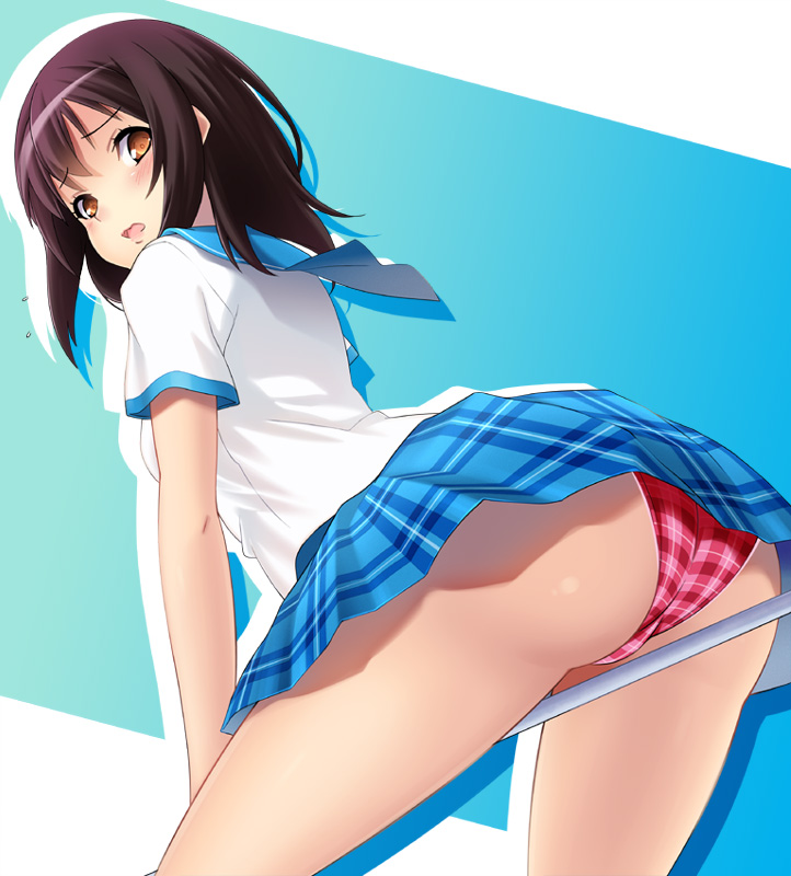 ass blush brown_eyes brown_hair clothing female himeragi_yukina lintanghaseo looking_back open_mouth panties plaid plaid_panties plaid_skirt school_uniform serafuku short_hair skirt solo strike_the_blood underwear upskirt