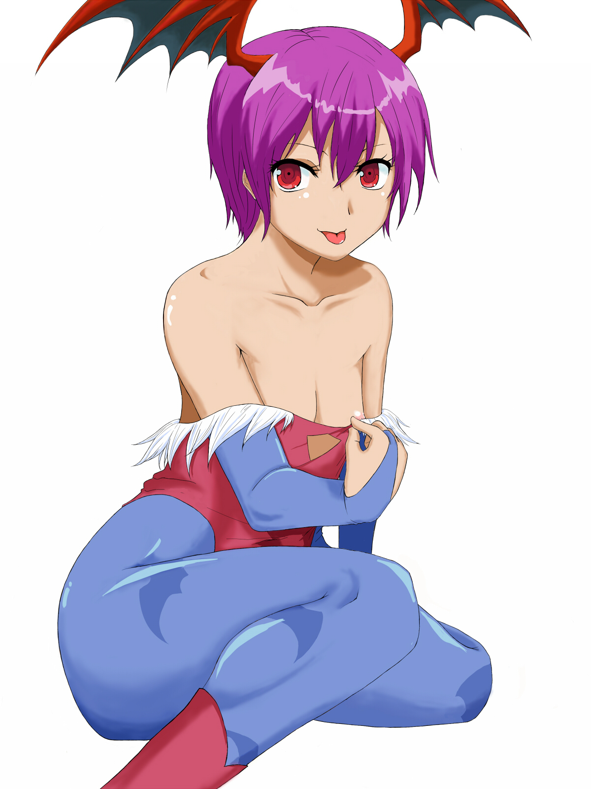 :d bare_shoulders clothing darkstalkers fingerless_gloves flat_chest gloves head_wings highres lilith_aensland oda open_mouth pantyhose purple_hair red_eyes short_hair smile succubus