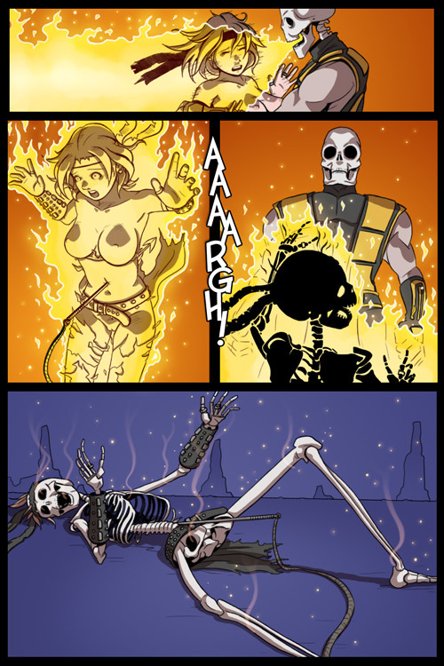 1boy 1girls 2d bone breasts burned burning_alive clothes color comic dave_cheung death exposed_breasts fatality female female_death fire guro human male mortal_kombat scorpion_(mortal_kombat) skeleton skull sonya_blade