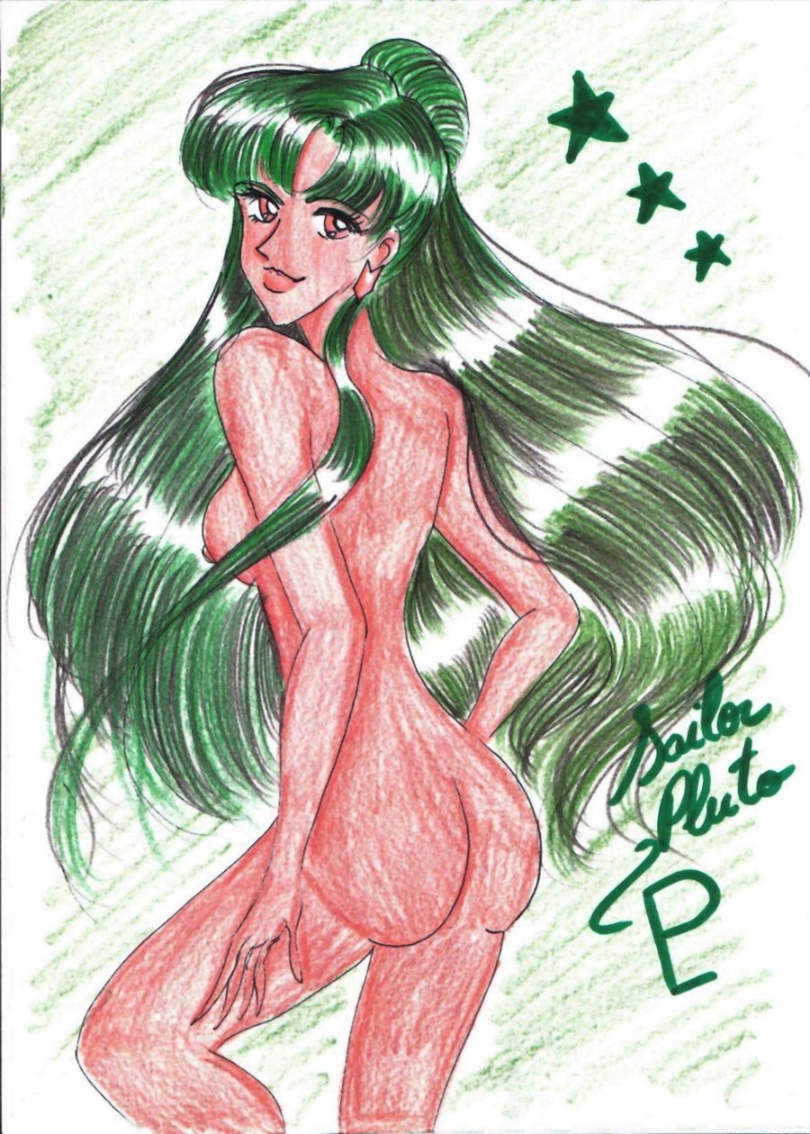 1girls ass bishoujo_senshi_sailor_moon breasts color dark-skinned_female dark_skin female female_only flame_of_hope green_hair looking_back nipples nude pluto_symbol rear_view red_eyes sailor_pluto setsuna_meiou sketch small_breasts solo tagme traditional_media