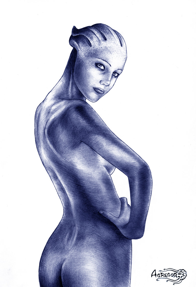 1girls agregor alien alien_girl artist_name asari ass blue_skin female female_only liara_t'soni looking_at_viewer mass_effect no_humans nude nude_female solo solo_female white_background