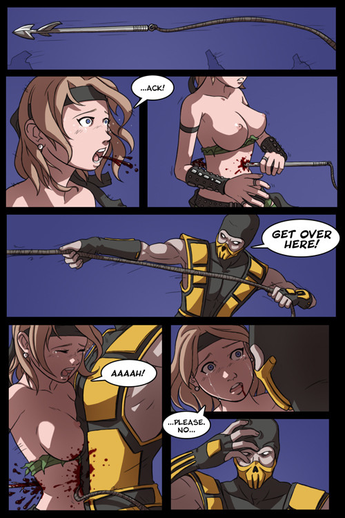 1boy 1girls 2d beige_skin bleeding blood blood_stain breasts clothing color comic dave_cheung defeated defeated_heroine dialog english_text exposed_breasts fatality female guro human impalement injury male mortal_kombat puncture rope scorpion_(mortal_kombat) skin sonya_blade spear speech_bubble text topless unseen_male_face violence wound