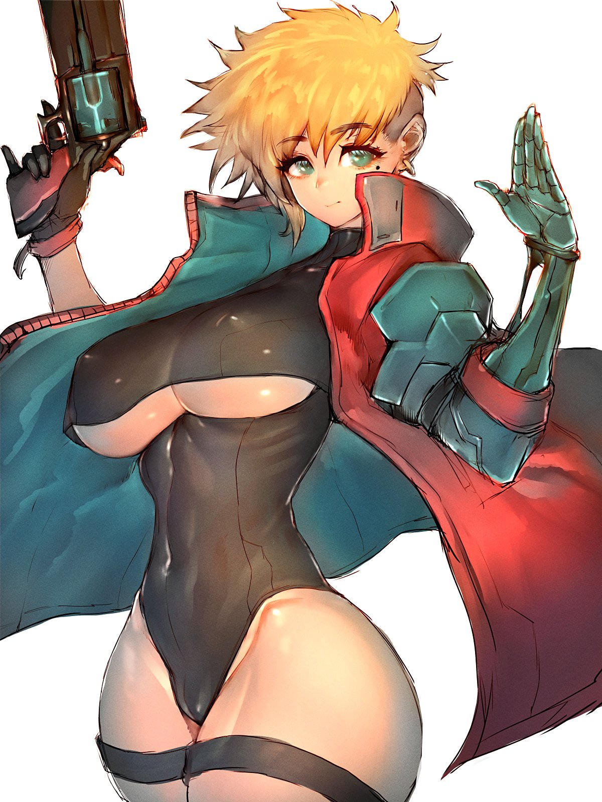 1girls, breasts, clothing, cybernetics, female, female only, firearm, fumio (rsqkr), genderswap, genderswap (mtf), gun, handgun, human, outerwear, pale skin, revolver, rule 63, solo, thick thighs, trigun, trigun stampede, vash the stampede, weapon