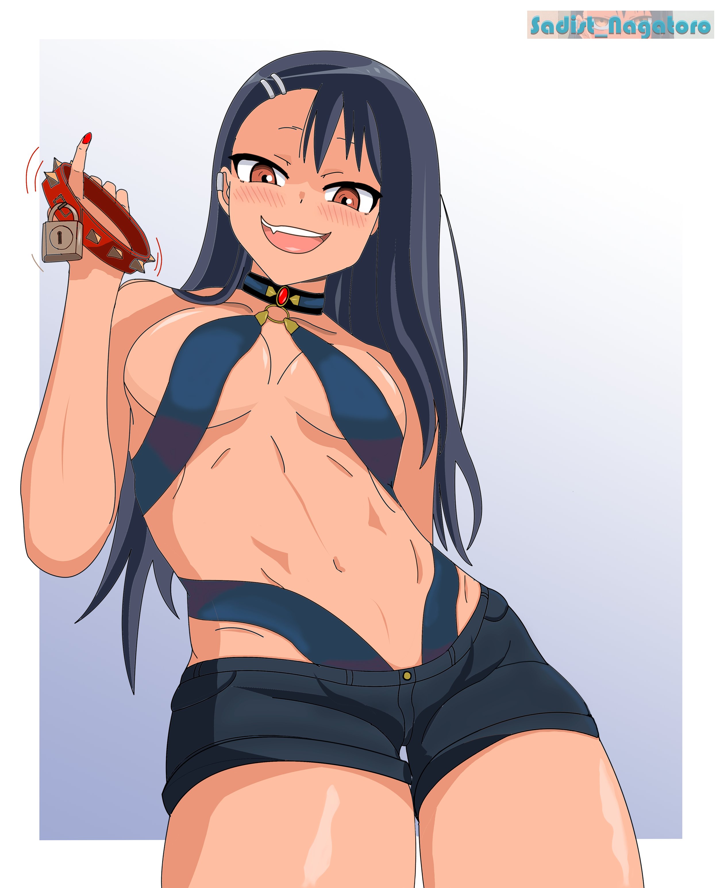 1girls, black hair, blush, breasts, brown eyes, clothed, clothing, collar, cosplay, female, female focus, female only, hair ornament, hairpin, hayase nagatoro, highres, jahy (cosplay), jahy-sama wa kujikenai!, long hair, midriff, o-ring, open mouth, please don't bully me, nagatoro, revealing clothes, sadist nagatoro, shorts, simple background, small breasts, solo, tan, tan skin, tanned