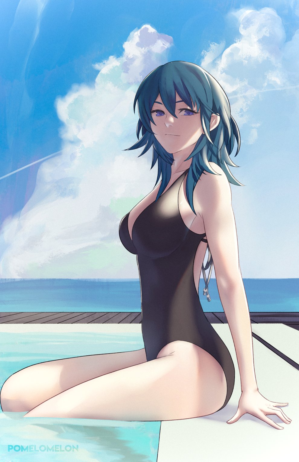 1girls alternate_costume backless_outfit bare_thighs black_one-piece_swimsuit black_swimsuit blue_eyes blue_hair breasts byleth_(fire_emblem) byleth_(fire_emblem)_(female) cloud female female_only fire_emblem fire_emblem:_three_houses hair_between_eyes highres large_breasts looking_at_viewer medium_hair nintendo ocean one-piece_swimsuit outdoors partially_submerged pomelomelon pool sitting sky smile solo swimsuit teal_hair thighs