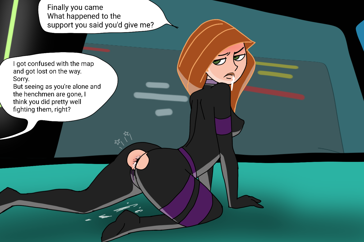 1girls, after anal, after sex, all fours, annoyed, anus, arched back, ass, ass cutout, cameltoe, clothed, cum, cum drip, cum in ass, cum in mouth, cum leaking, cum leaking out of anus, female, female only, gaping, gaping anus, implied anal, implied sex, kim possible, kimberly ann possible, pussy, solo, solo female, spandex, speech bubble, stretched anus, sunnie