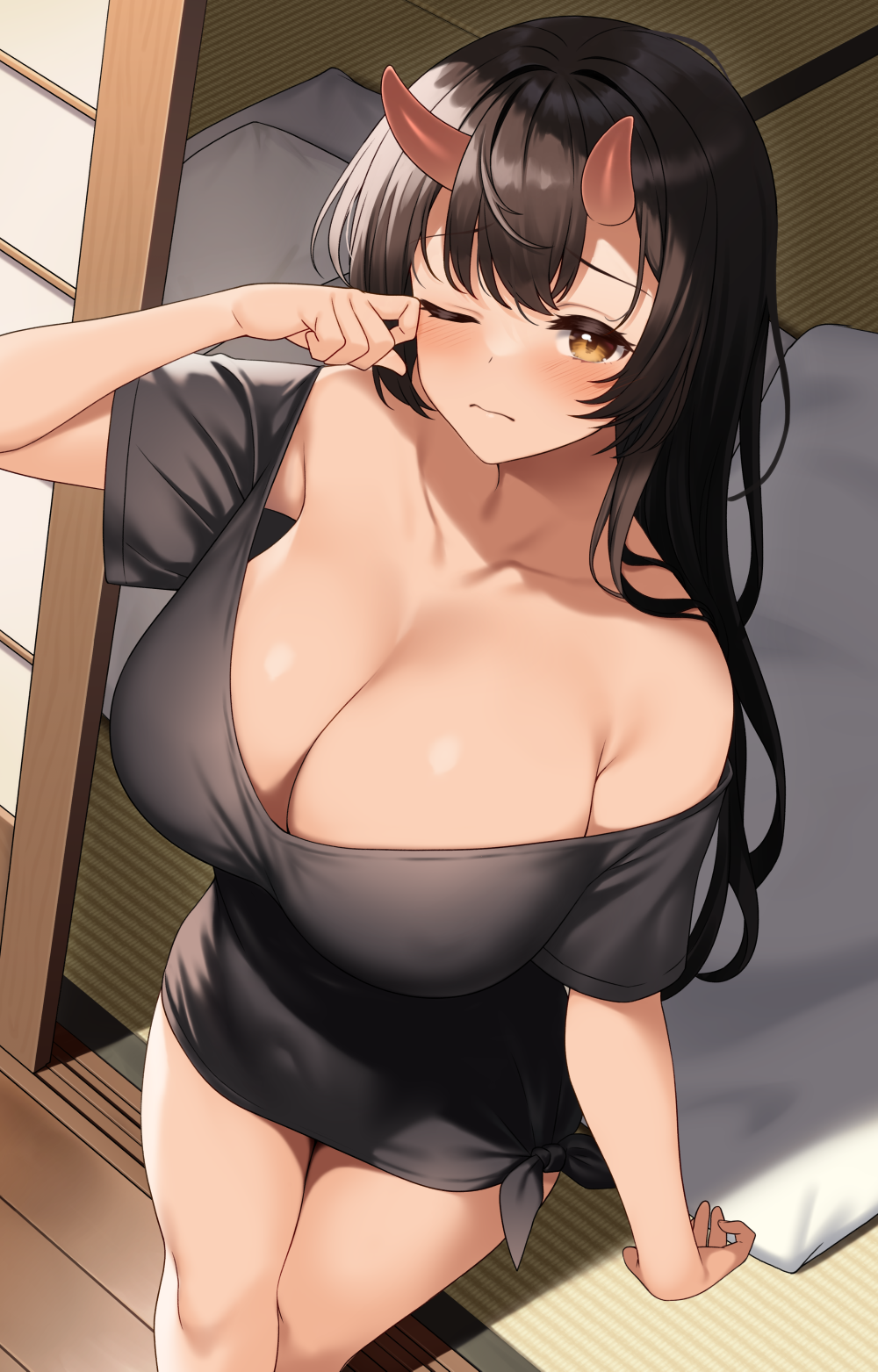 1girls 2023 black_hair black_shirt bottomless breasts brown_eyes cleavage enjo_kouhai eyebrows_visible_through_hair female female_only futon highres horns huge_breasts light-skinned_female light_skin long_hair looking_at_viewer no_pants off_shoulder one_eye_closed oni oni_female oni_horns origamine_ouka oversized_clothes oversized_shirt shirt sliding_doors solo standing takunomi tied_shirt very_long_hair waking_up