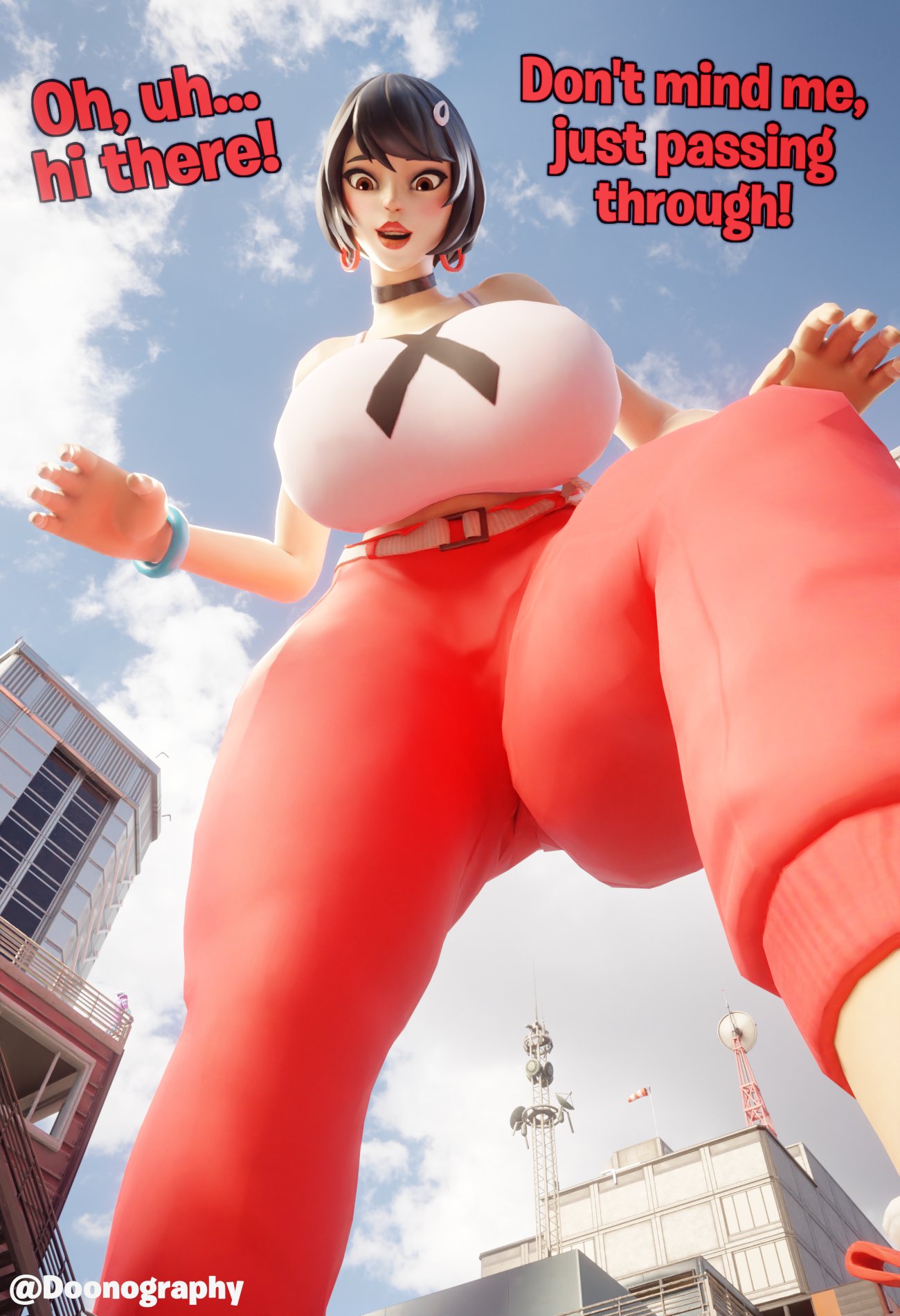 breasts_bigger_than_building building city doonography evie_(fortnite) fortnite fortnite:_battle_royale giantess huge_breasts looking_at_viewer looming luminos_(fortnite) surprised_expression thick_thighs