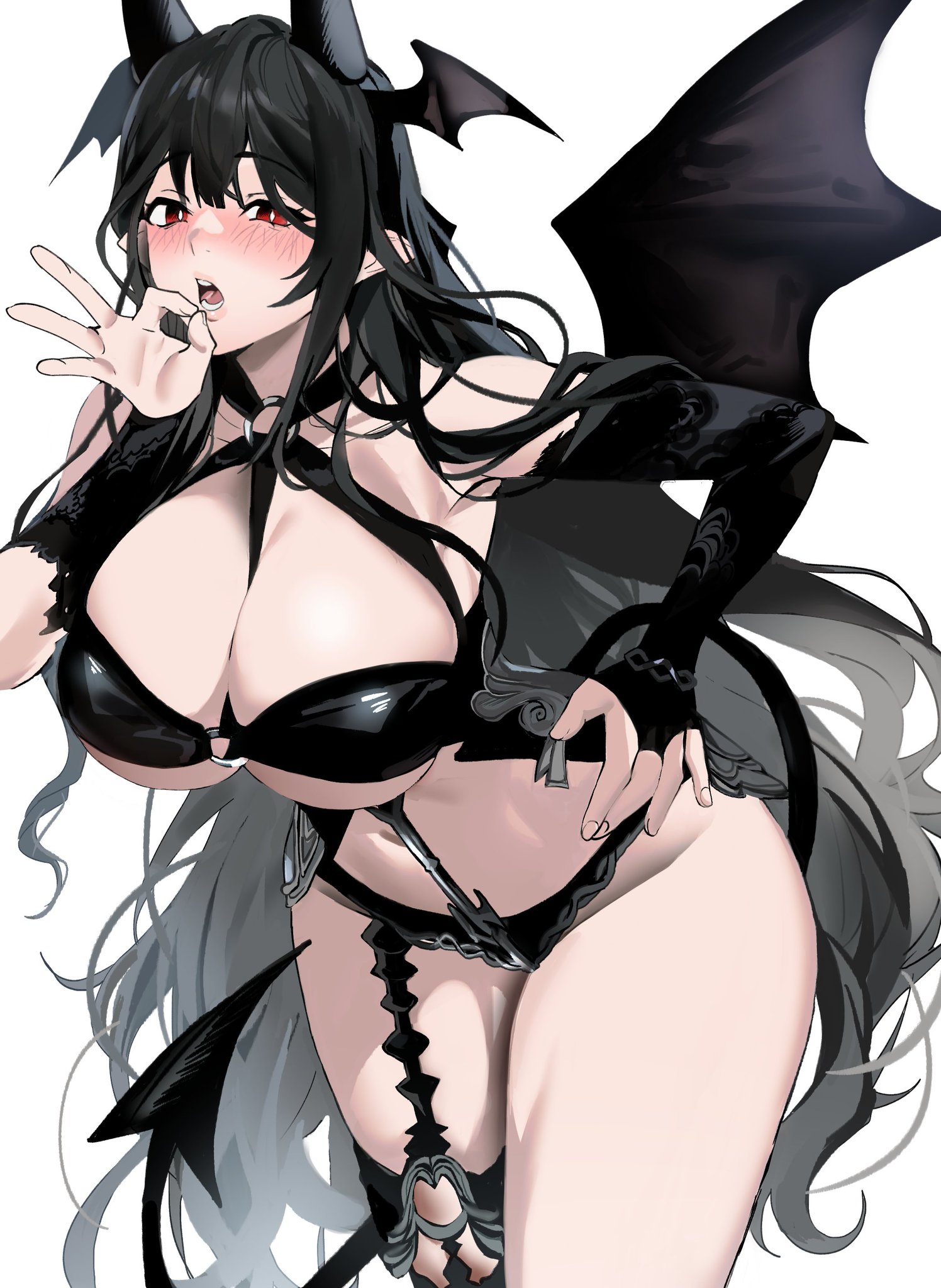 1girls, big breasts, black hair, blush, breasts, demon, demon girl, demon horns, demon tail, demon wings, fellatio gesture, female, female only, fingerless gloves, gloves, hand gesture, head wings, horns, inviting, light skin, light-skinned female, looking at viewer, original, red eyes, skimpy clothes, solo, succubus, suggestive gesture, tail, wefightasone 1, wings