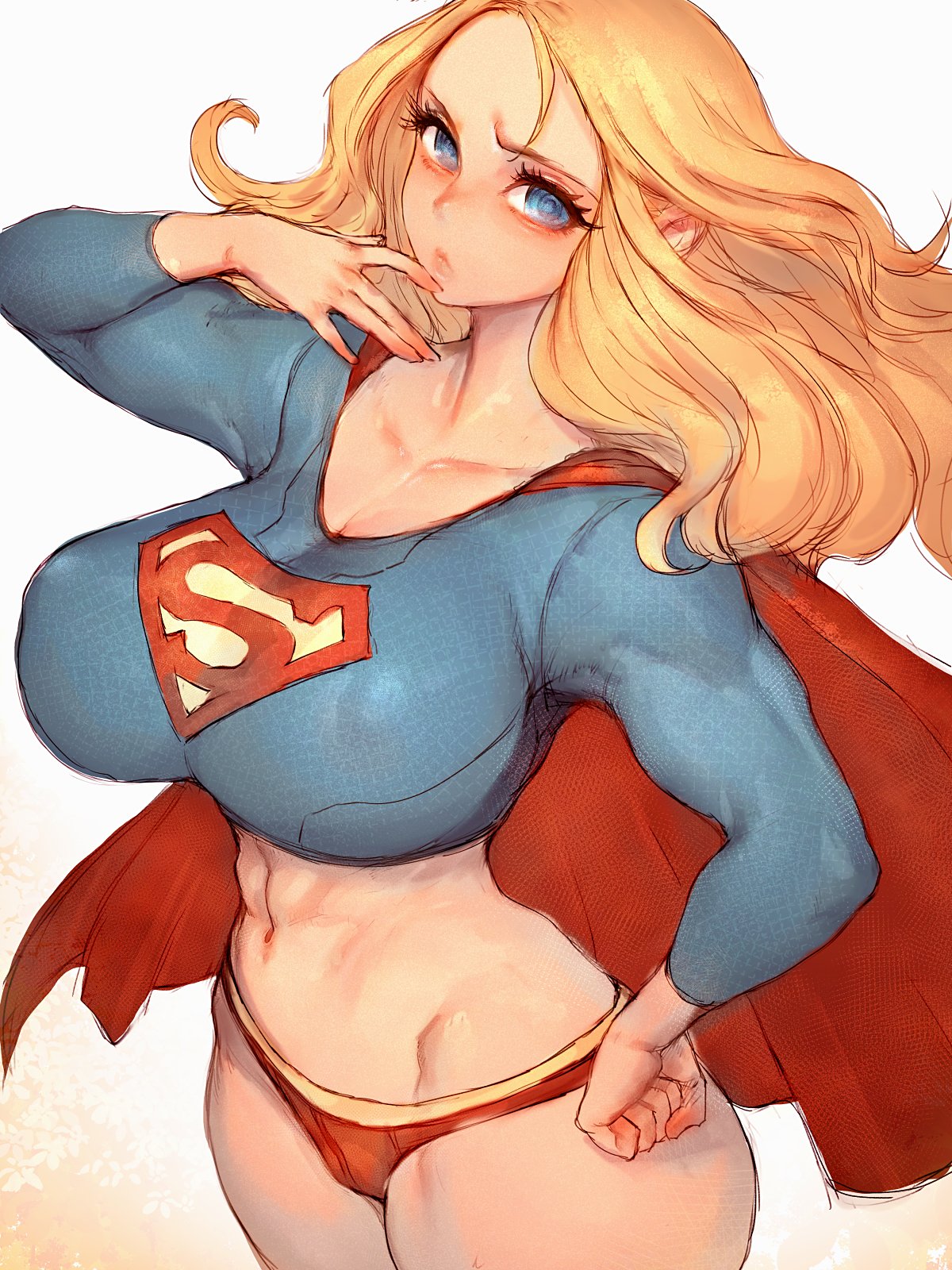 1girls, abs, big breasts, blonde hair, blue eyes, breasts, cape, dc, dc comics, female, female only, fit, fit female, fully clothed, fumio (rsqkr), muscular, muscular arms, muscular female, pose, solo, supergirl, superheroine, superman (series), tight shirt