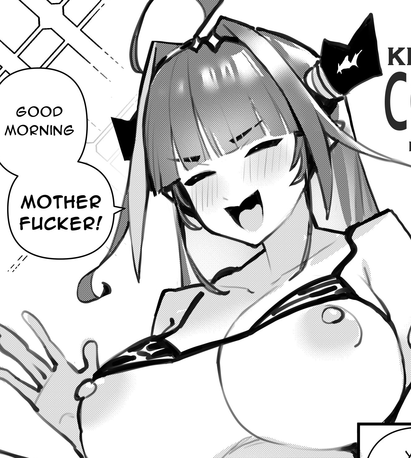 ahoge, bikini, bikini lift, blunt bangs, blush, breasts, closed eyes, dismassd, dragon girl, eyes closed, female, greyscale, holoforce, hololive, hololive japan, horns, huge breasts, kiryu coco, micro bikini, nipples, open mouth, sketch, smile, swimsuit, tagme, text, virtual youtuber, waving