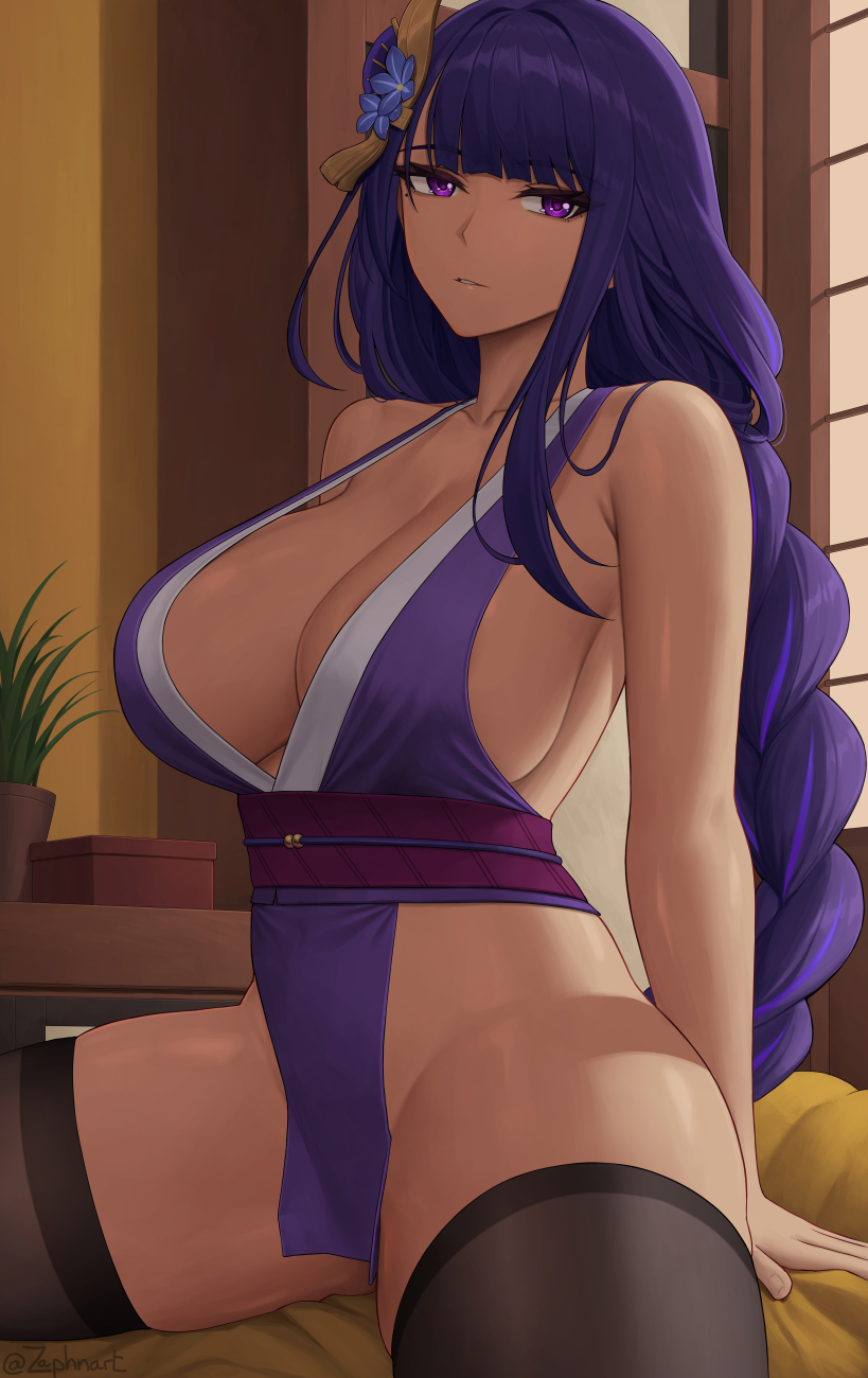 1girls, breasts, cleavage, female, genshin impact, hips, huge breasts, indoors, light skin, light-skinned female, long hair, looking at viewer, naughty face, purple eyes, purple hair, raiden shogun, thick thighs, thighs, wide hips, zaphn
