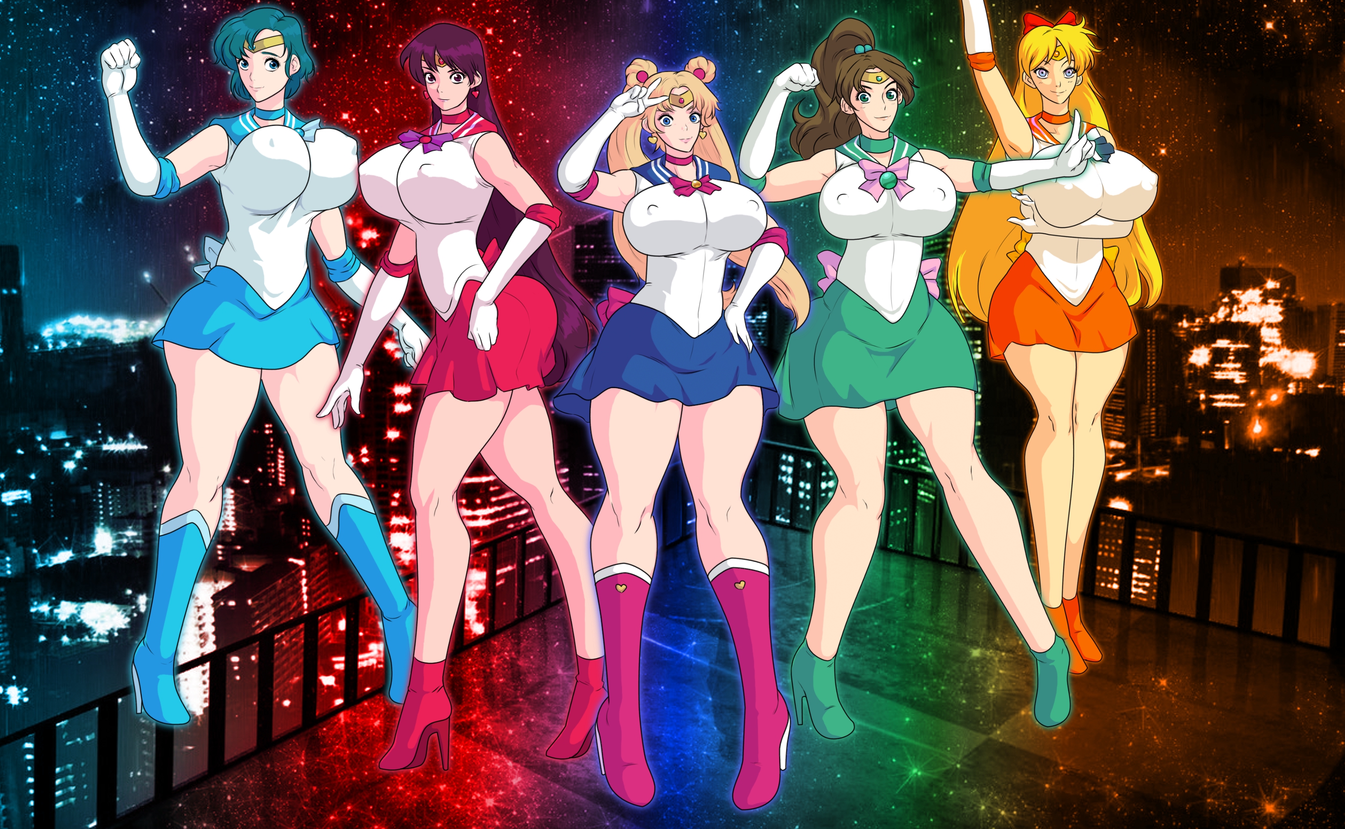 2015, 5girls, alternate ass size, alternate breast size, ami mizuno, big boobs, bishoujo senshi sailor moon, blonde hair, blonde-haired female, blue eyes, blue-eyed female, bow, breasts, breasts bigger than head, brown hair, brown-haired female, clothing, erect nipples, erect nipples under clothes, female, female only, high heel boots, high heels, huge breasts, jay-marvel, large breasts, long hair, long-haired female, looking at viewer, makoto kino, minako aino, multiple females, multiple girls, nipples, nipples visible through clothing, rei hino, sailor jupiter, sailor mars, sailor mercury, sailor moon, sailor venus, skirt, smooth skin, usagi tsukino