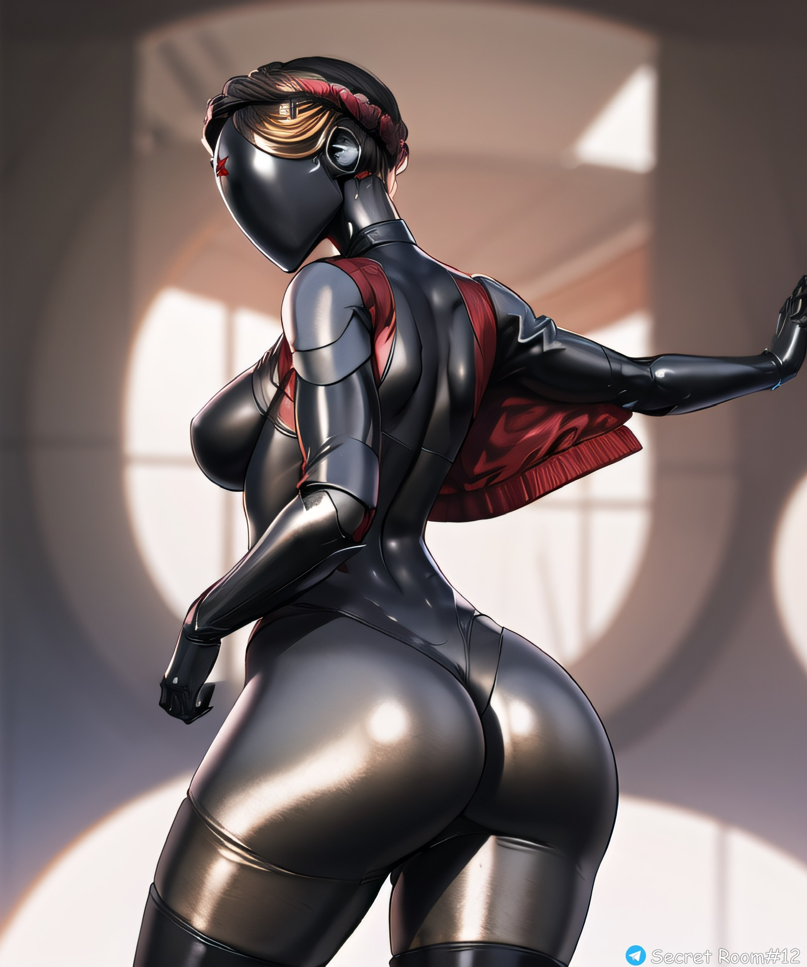 ai generated, ass, atomic heart, breasts, female, left (atomic heart), looking at viewer, looking back, looking back at viewer, stable diffusion, tagme, the twins (atomic heart)