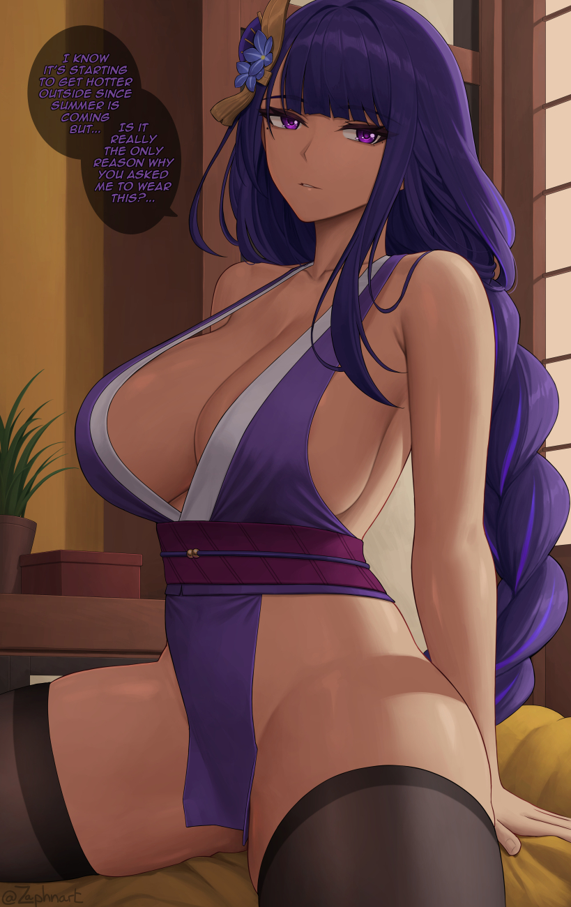 1girls, breasts, cleavage, female, genshin impact, hips, huge breasts, indoors, light skin, light-skinned female, long hair, looking at viewer, naughty face, purple eyes, purple hair, raiden shogun, thick thighs, thighs, wide hips, zaphn