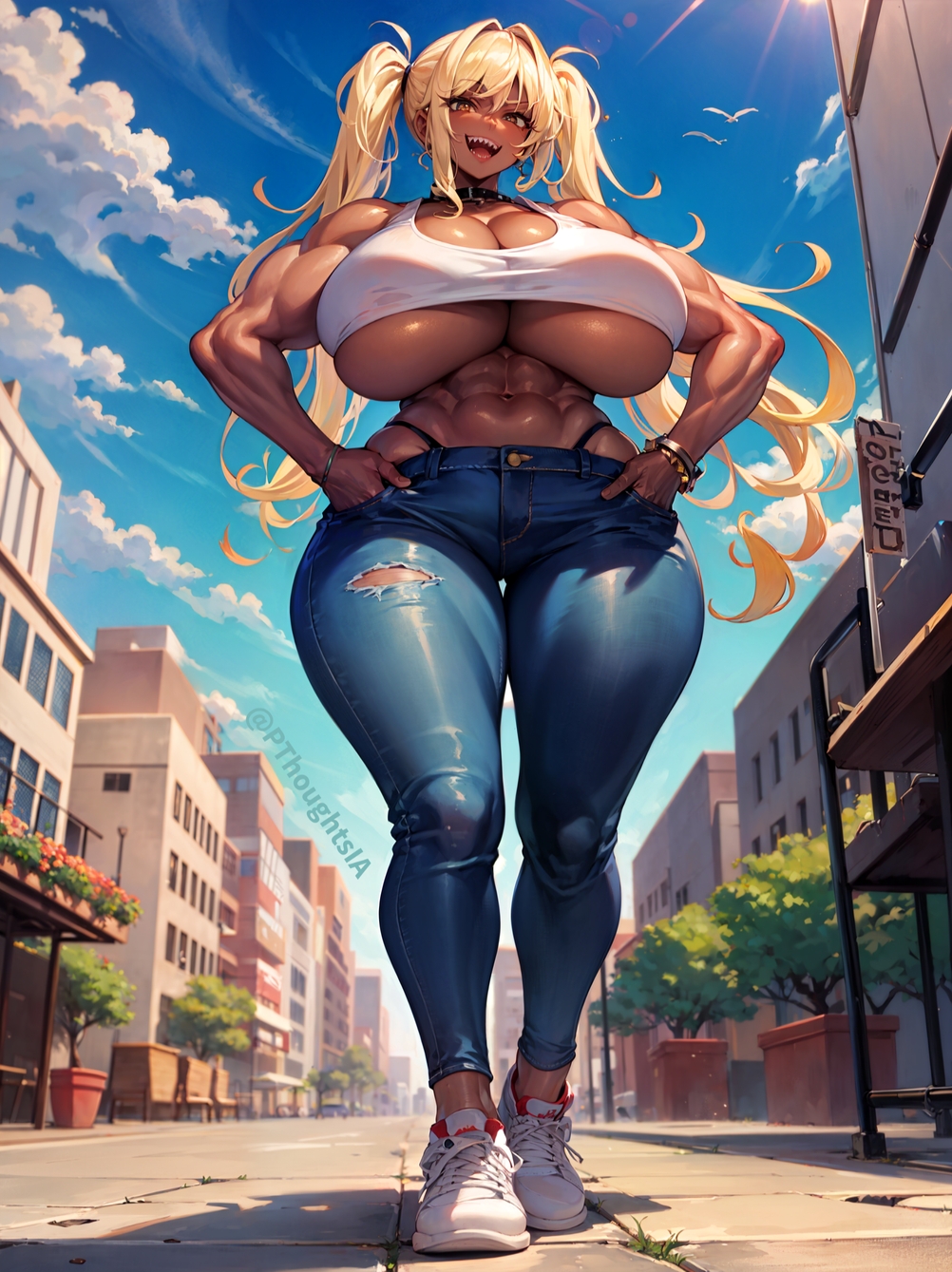 1girls, abs, ai generated, blonde hair, breasts, curvaceous, curvy body, curvy female, dark skin, dark-skinned female, female, female focus, female only, gyaru, looking at viewer, looking down, muscular, muscular female, stable diffusion, underboob, voluptuous, voluptuous female