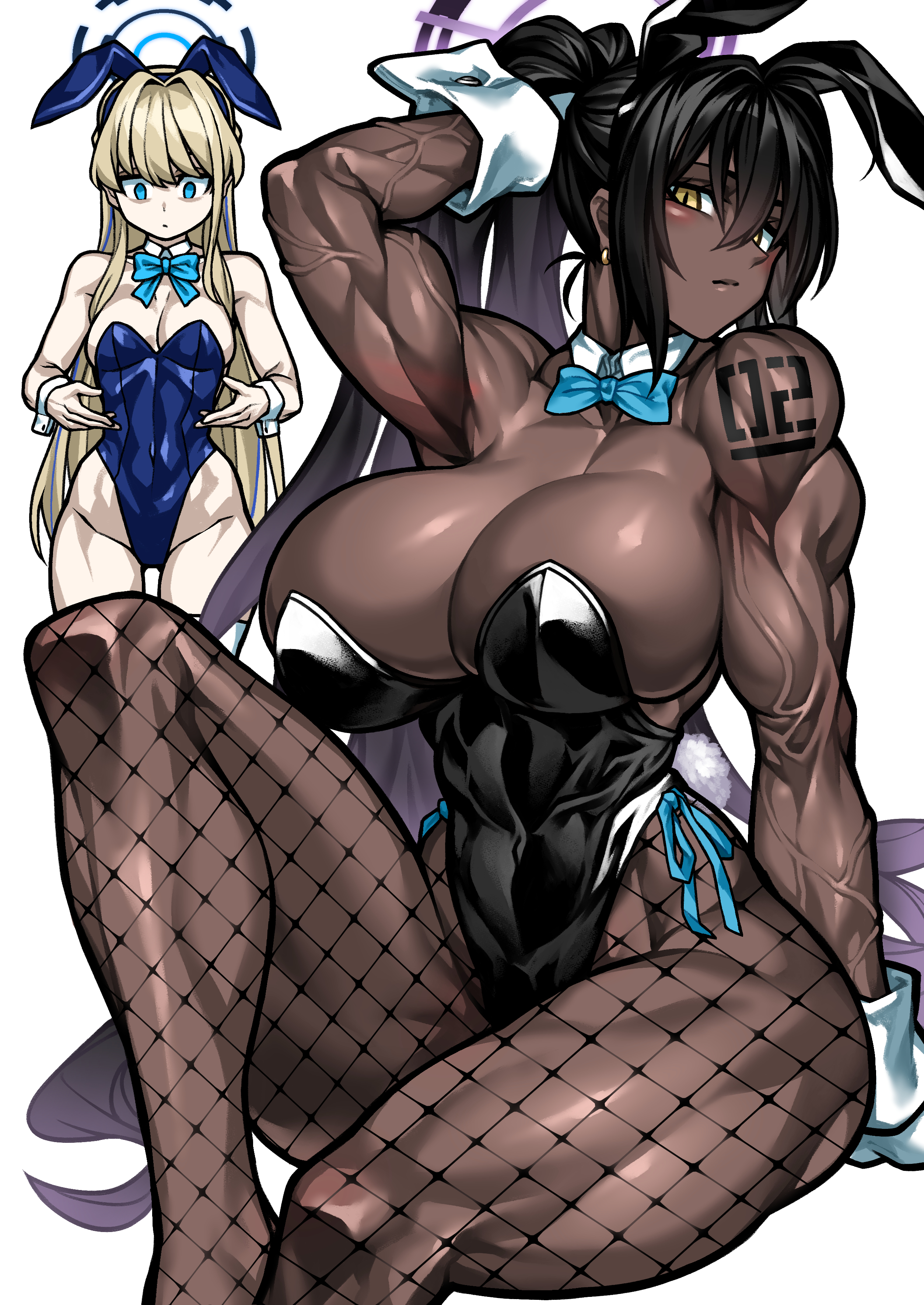 abs, biceps, big breasts, blonde hair, blue archive, breasts, bunny ears, bunny girl, bunnysuit, curvy, dark hair, dark skin, dark-skinned female, female, fishnets, halo, huge breasts, karin (blue archive), karin (blue archive) (cosplay), karin (bunny) (blue archive), leotard, light skin, light-skinned female, long hair, looking at viewer, mao (yuto noirm08), muscular, muscular female, muscular thighs, original, pale skin, pale-skinned female, ponytail, sitting, small breasts, toki (blue archive), toki (bunny) (blue archive), yellow eyes, yuto noirm08