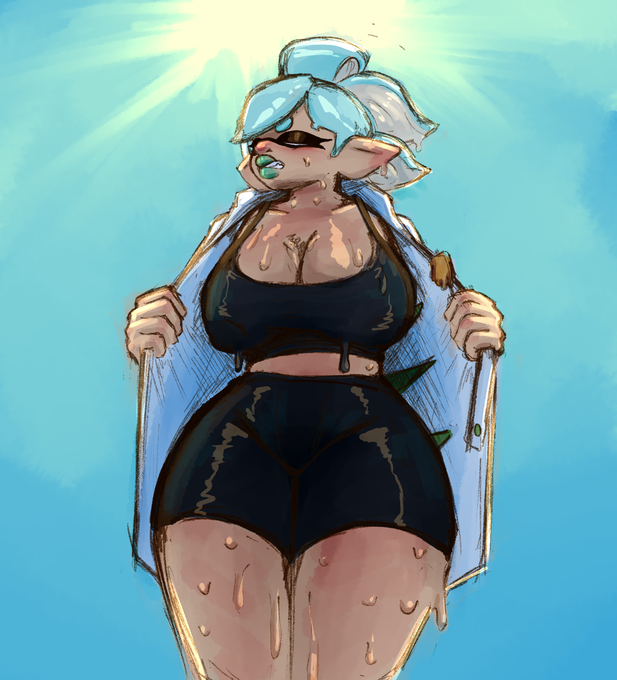 1girls, 2d, big breasts, big lips, bra, breasts, closed eyes, curvy, female, female focus, female only, grimace, marie (splatoon), mostly clothed, nintendo, outdoors, removing clothing, shorts, solo, solo female, solo focus, splatoon, splatoon 3, sports bra, stripping, sunlight, sweat, sweaty, syllabunne, thick thighs, voluptuous