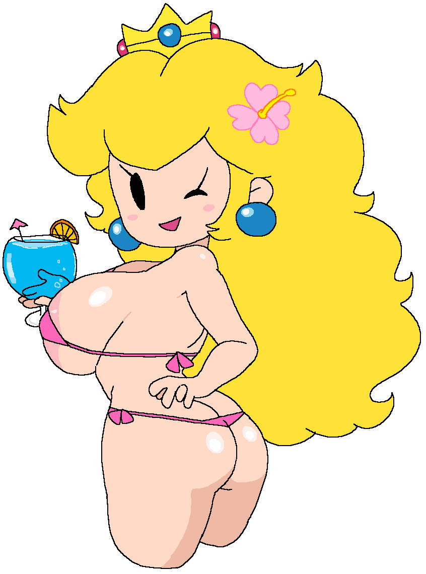 1girls ass ass_cleavage beverage big_areola big_breasts big_nipples blonde_hair blush blushing_at_viewer butt_crack carbonated carbonation cassettedream crown dream-cassette drink earrings erect_nipples female female_only flower_in_hair glass_cup hair_ornament hoshime huge_areola huge_areolae huge_breasts intelligent_systems jewelry light-skinned_female light_skin mario_(series) nintendo open_mouth open_smile paper_mario paper_peach pink_bikini pink_bra pink_clothes pink_clothing princess_peach smile smiling smiling_at_viewer solo standing thick_thighs thighs topless transparent_background wardrobe_malfunction wink winking winking_at_viewer