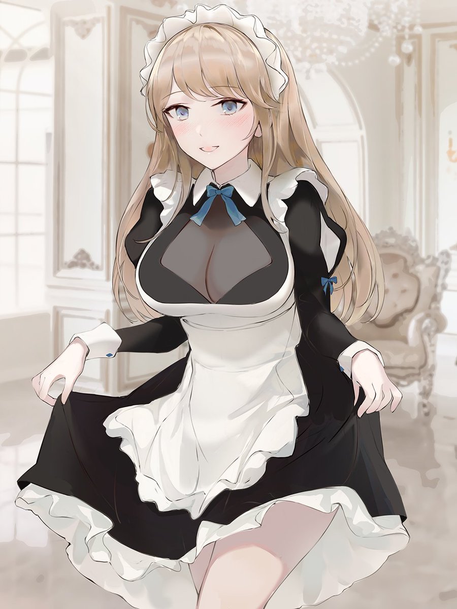 ai_generated big_breasts blonde_hair blue_eyes blush chowbie cleavage cleavage_cutout maid maid_headdress maid_uniform original original_character