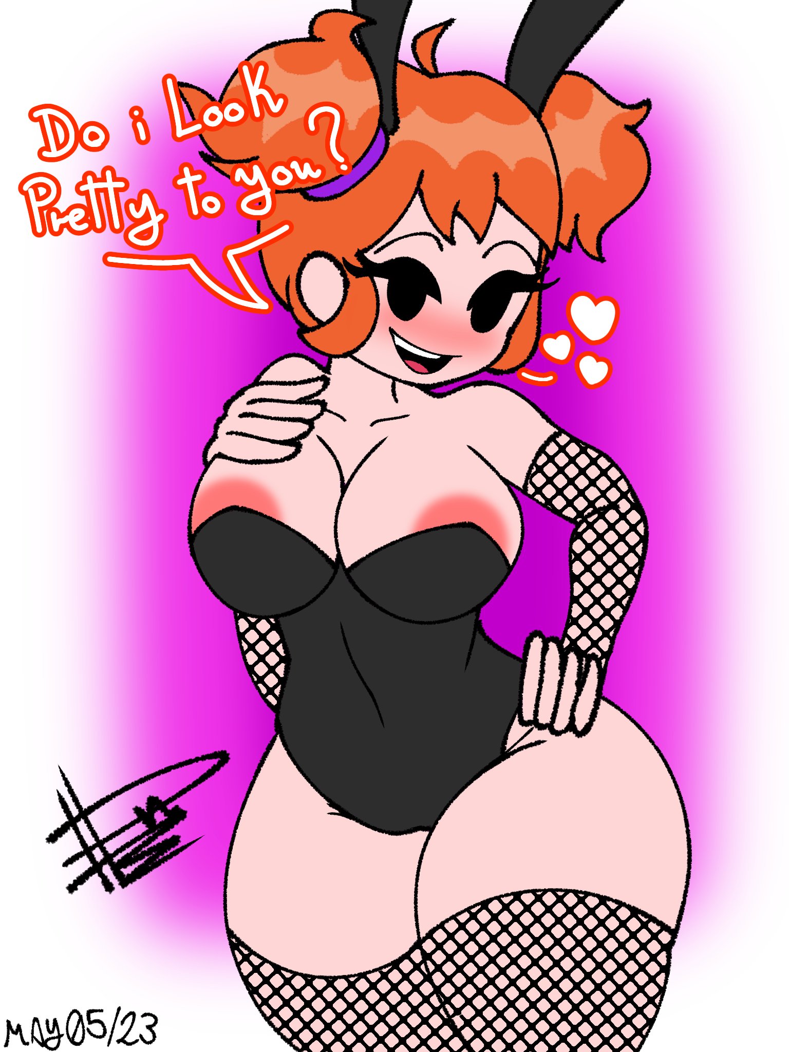 1girls, alternate version available, areolae, ass, big breasts, blush, breasts, bunny ears, bunnysuit, d-side girlfriend, dn28 art, english text, female, female only, fishnet armwear, fishnet legwear, fishnets, friday night funkin, friday night funkin (d-side), friday night funkin mod, hand on own breast, huge breasts, huge thighs, legwear, leotard, nipple outline, orange hair, pigtails, short hair, smile, solo, text, thick ass, thick thighs, thighhighs, thighs