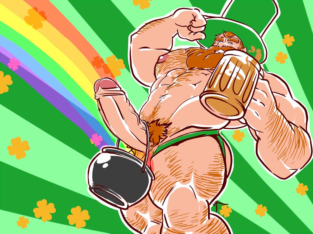 1boy 5_fingers abs alcohol arm_hair ass_peek balls bara beard beefy beer beer_mug big_muscles big_penis body_hair boner bulky cauldron chest_hair clover color daddy digital_media_(artwork) dilf erection facial facial_hair flexing foreskin_folds frenulum genitals ginger_hair glans green_hat green_headwear green_jockstrap hairy hairy_legs happy_trail hat headwear huge_cock human human_only jockstrap leprechaun leprechaun_hat light-skinned_male light_skin male male_only manly mostly_nude muscles muscular muscular_male muscular_thighs nipples nude orange_hair pecs penis pot pot_of_gold pubic_hair rainbow red_hair redhead retracted_foreskin saint_patricks_day solo solo_male standing striped_background thick_thighs uncensored underwear zombiehk