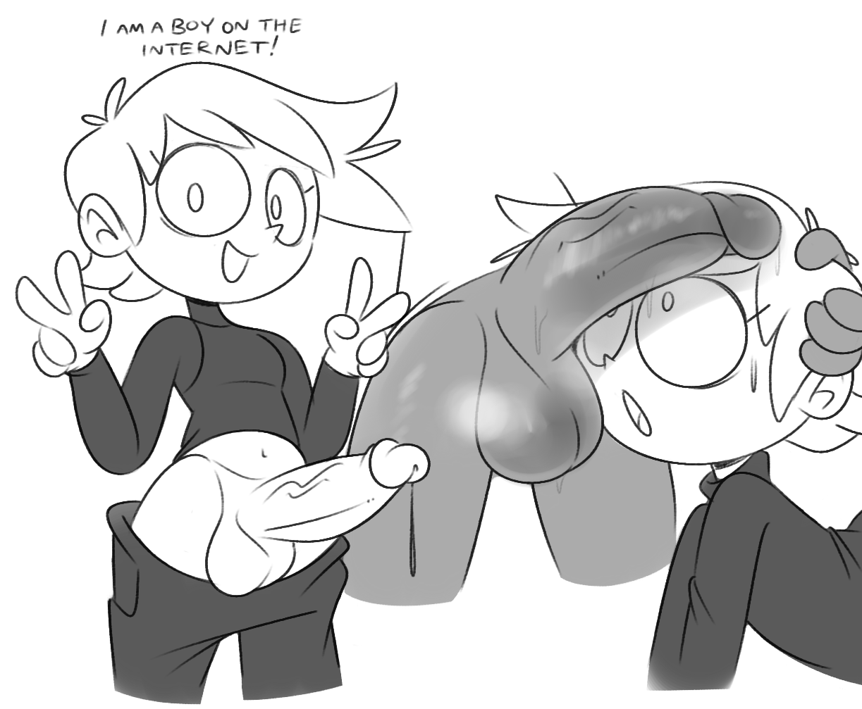 2boys, big penis, cock shock, dark skin, dark-skinned male, eyelashes, eyelashes visible through hair, femboy, gay, male, male only, no pants, penis, penis awe, simple background, sissy, tagme, text, toony, uncensored, vilepluff, yaoi