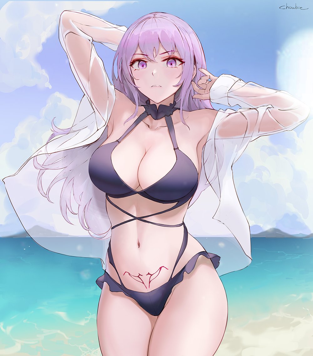 ai_generated big_breasts bikini chowbie original original_character pubic_tattoo purple_eyes purple_hair