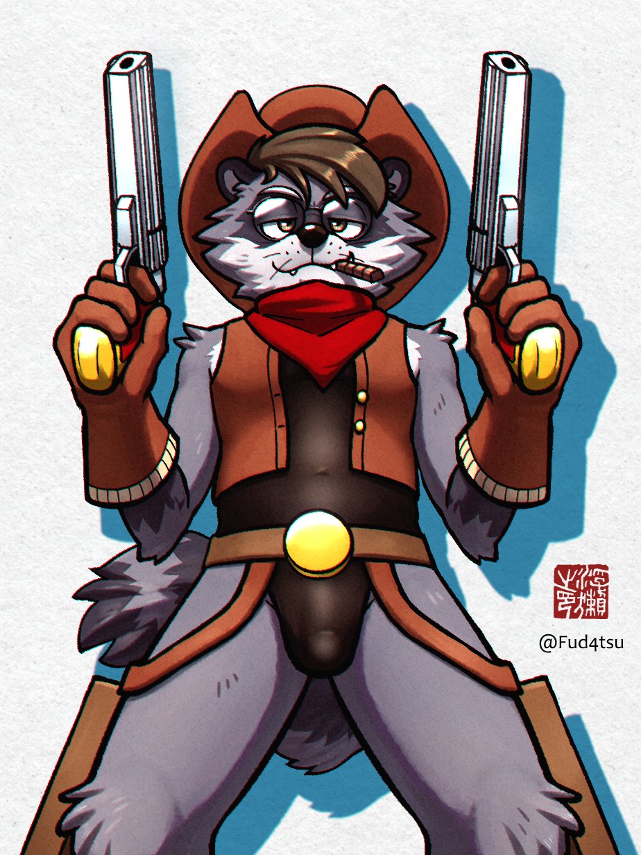 anthro bandana bulge cigar clothing cosplay cowboy_hat firearm fudatsu fur genital_outline grey_body grey_fur gun handgun hat headgear headwear hi_res kerchief kings_of_hell leotard male mammal penis_outline pistol procyonid raccoon ranged_weapon revolver solo weapon