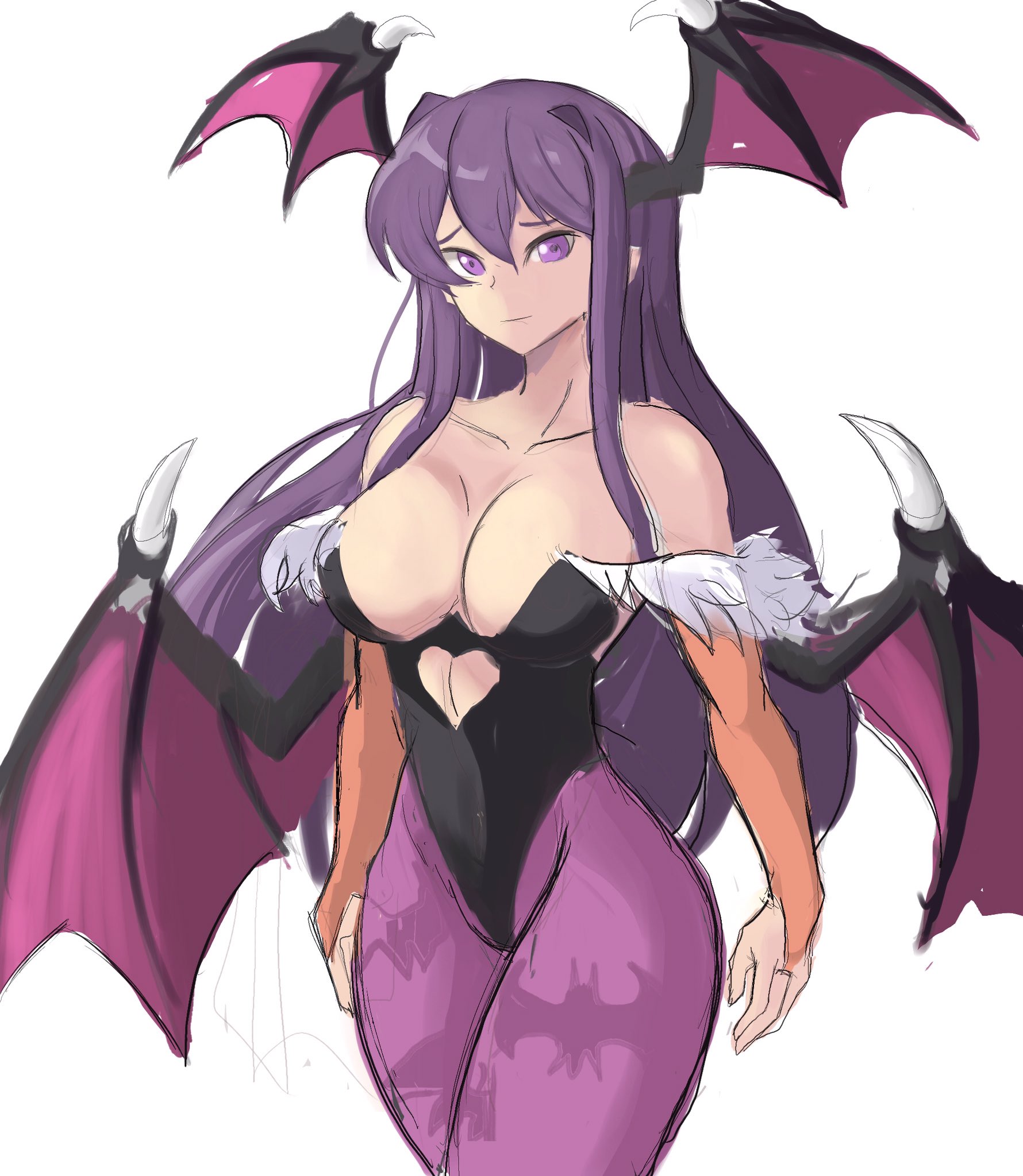 1girls, animal print, bat print, big breasts, black leotard, blush, breasts, bridal gauntlets, cleavage, clothing, clothing cutout, cosplay, cropped legs, darkstalkers, demon wings, doki doki literature club, female, female focus, female only, fur trim, head wings, heart cutout, high res, highleg, highleg leotard, huge breasts, large breasts, leotard, light smile, long hair, medium breasts, morrigan aensland, morrigan aensland (cosplay), pantyhose, purple eyes, purple hair, purple pantyhose, rakeemspoon, sidelocks, silf, simple background, sketch, solo, thighs, vampire (game), white background, wings, yuri (doki doki literature club)