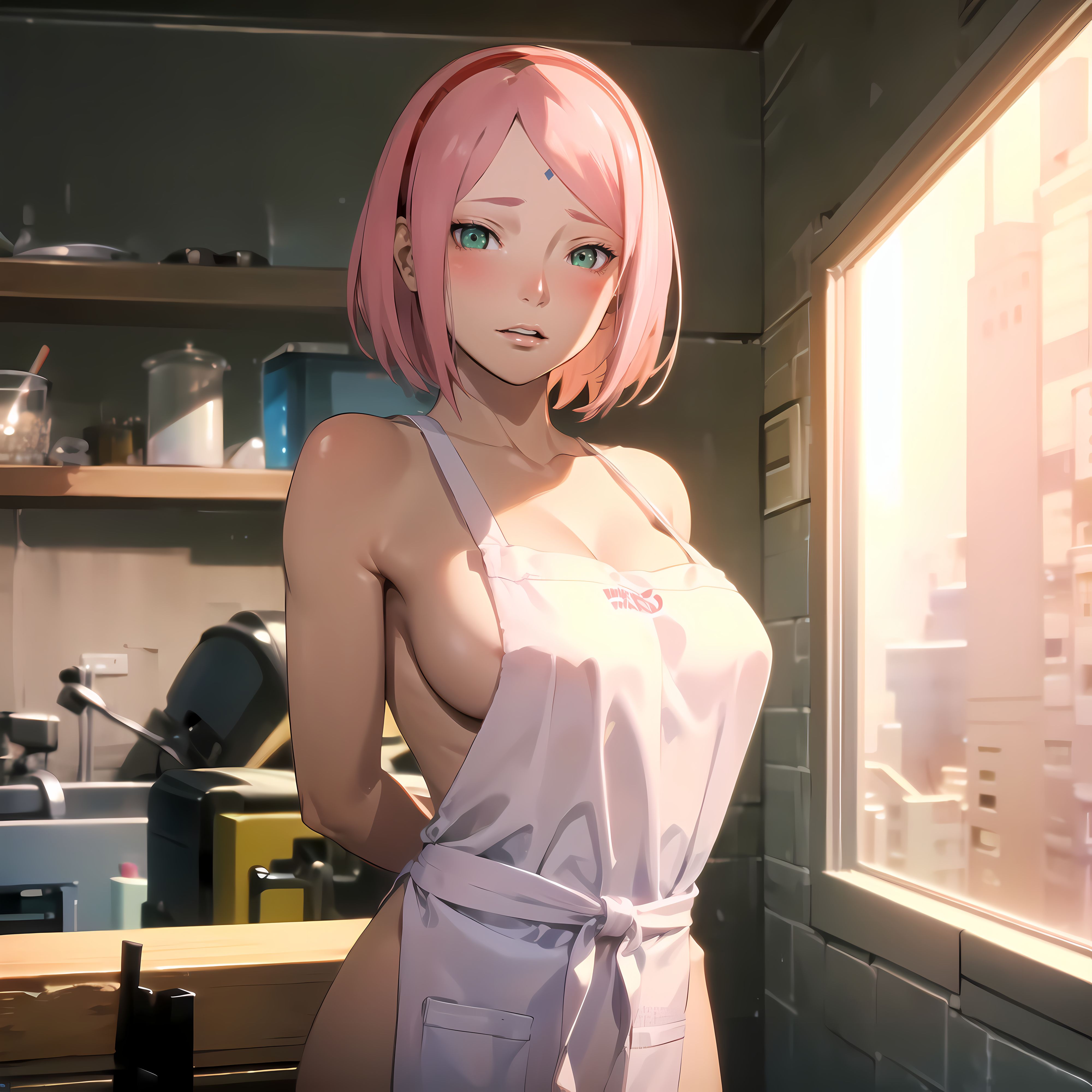 1girls, ai generated, alyxra, apron, apron only, arms behind back, blush, boruto: naruto next generations, female, female only, green eyes, indoors, jordan53, kitchen, long hair, looking at viewer, mature, mature female, milf, nai diffusion, naked apron, naruto, naruto (series), pink hair, sakura haruno, solo, solo focus, stable diffusion