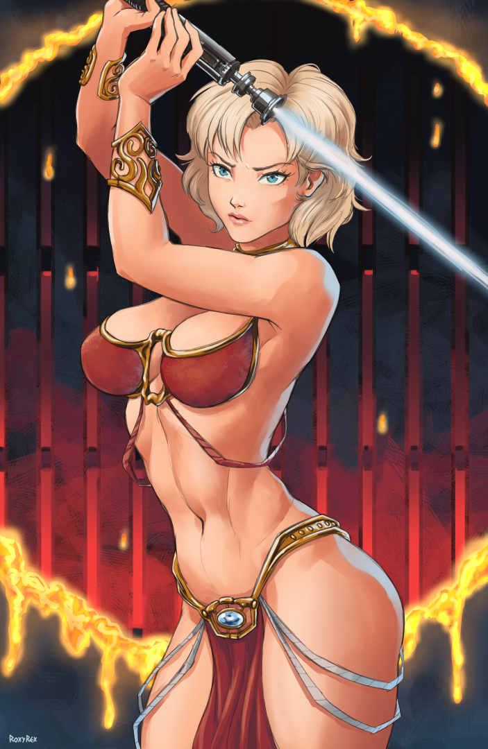 1girls athletic_female belly_dancer belly_dancer_outfit blonde_hair blue_eyes cleavage dancer dancer_outfit fit_female harem_girl harem_outfit jedi jedi_exile knights_of_the_old_republic large_breasts lightsaber loincloth meetra_surik pelvic_curtain roxyrex short_hair slave slave_bikini slave_collar slave_outfit slavegirl star_wars