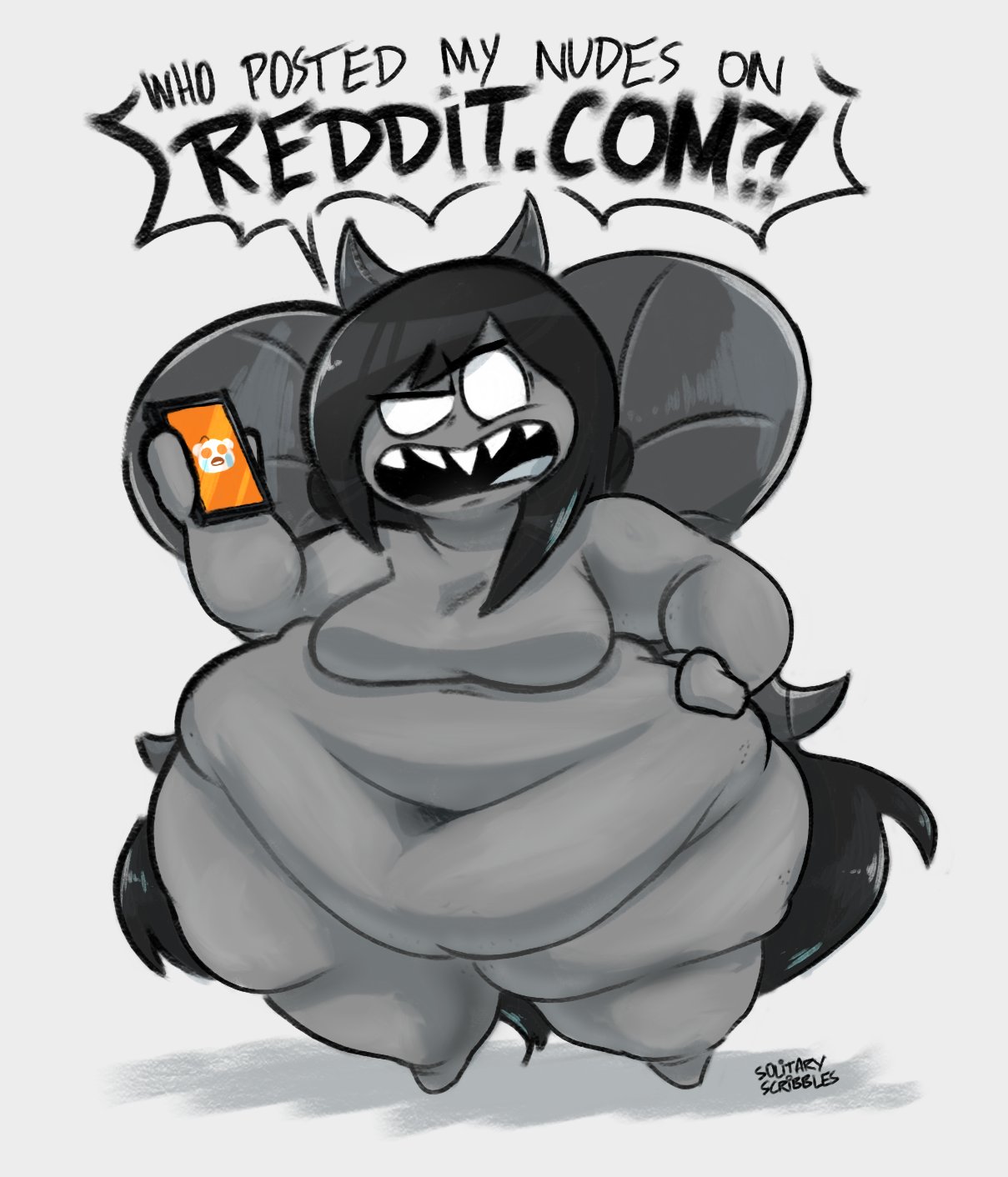 1girls angry ass belly black_hair black_skin breasts demon demon_girl english fat female female_focus female_only hand_on_hip hips holding_phone horns large_ass large_breasts nude nude_female phone reddit reddit_logo sharp_teeth snapcube snoo solitaryscribbles stomach text the_binding_of_isaac the_siren_(the_binding_of_isaac) thick_thighs thighs weight_gain white_eyes wide_hips