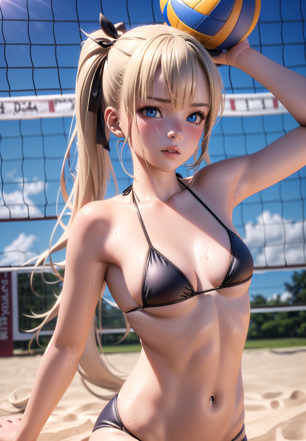 1girls, ai generated, beach, bikini, black ribbon, blonde hair, blue eyes, dead or alive, dead or alive xtreme beach volleyball, female, female only, hair ribbon, long hair, marie rose, ribbon, solo, summer, twintails, volleyball