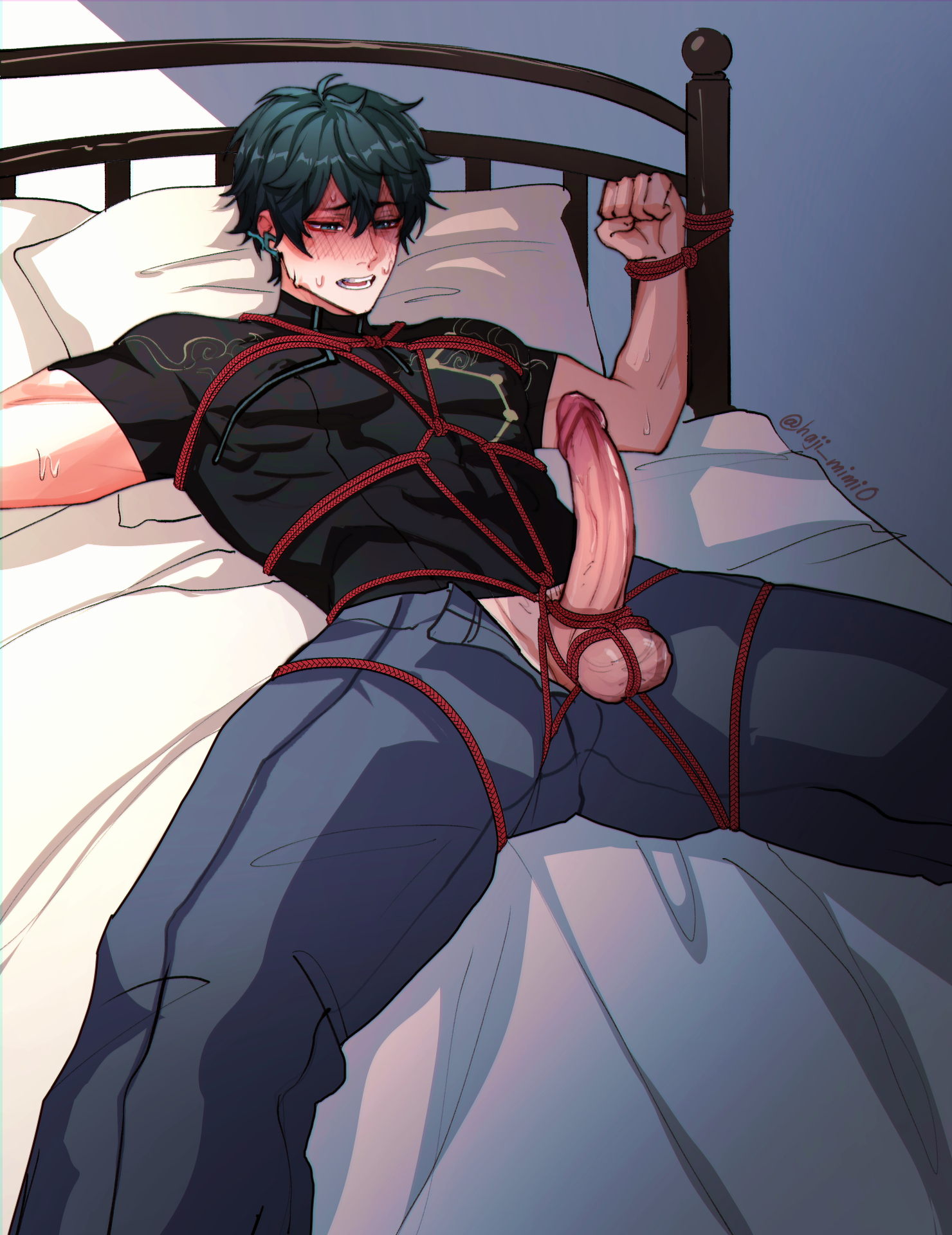 bed, big penis, blush, bondage, clothed, dan heng, dan heng (honkai: star rail), haji mimi0, honkai: star rail, male, male only, malesub, penis, rope, rope bondage, tied up