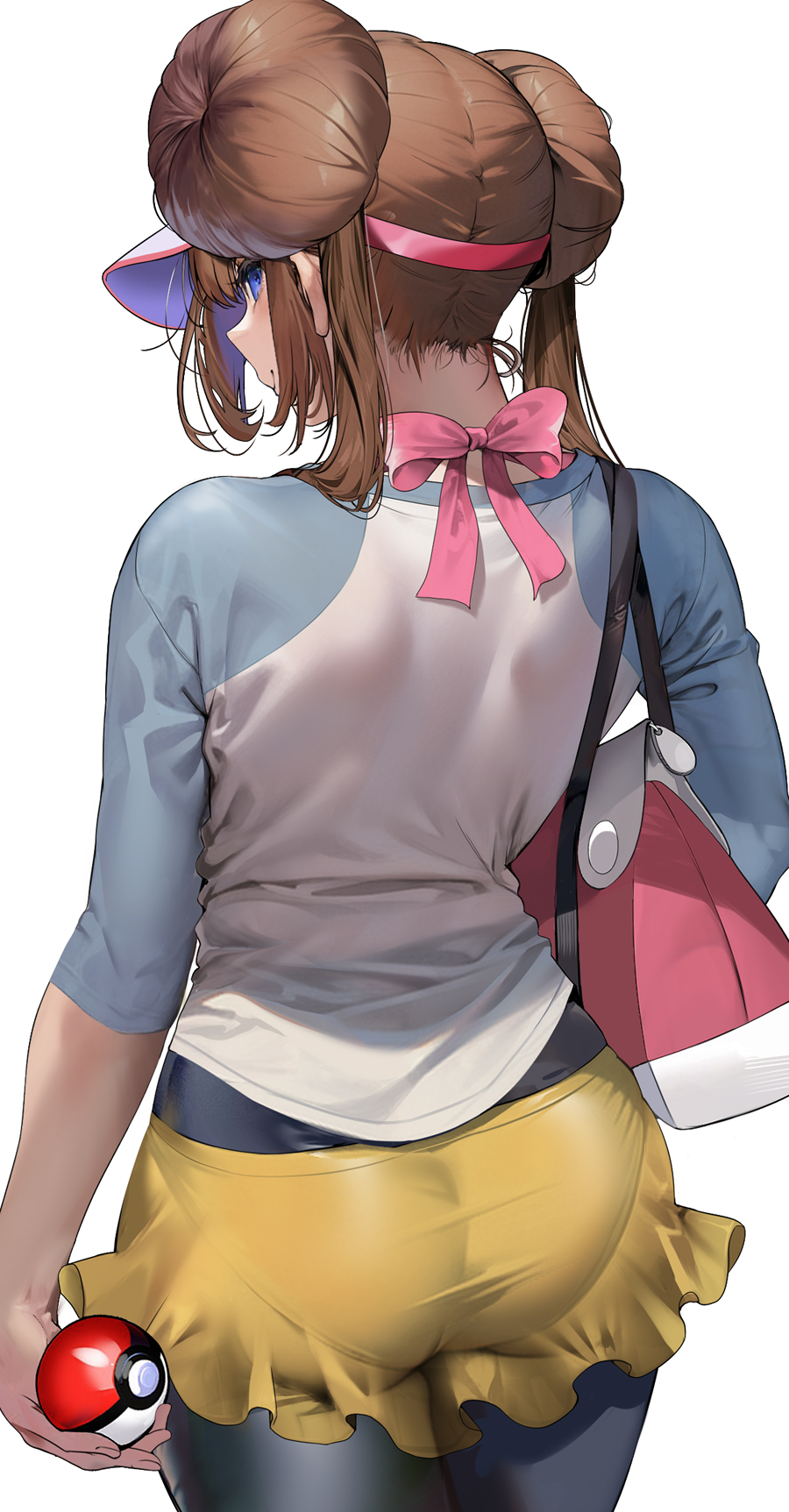 2023, ass, bag, big ass, black legwear, blue eyes, brown hair, cap, female, game freak, handbag, hi res, highres, holding pokeball, huge ass, long hair, looking at viewer, looking back, marushin (denwa0214), nice ass, nintendo, pantyhose under shorts, pantyhose under skirt, pink ribbon, pokeball, pokemon, pokemon bw2, ribbon, rosa (pokemon), shorts, side eye, skirt, thighs, tights, twin buns, twintails, visor, white background, yellow shorts, yellow skirt