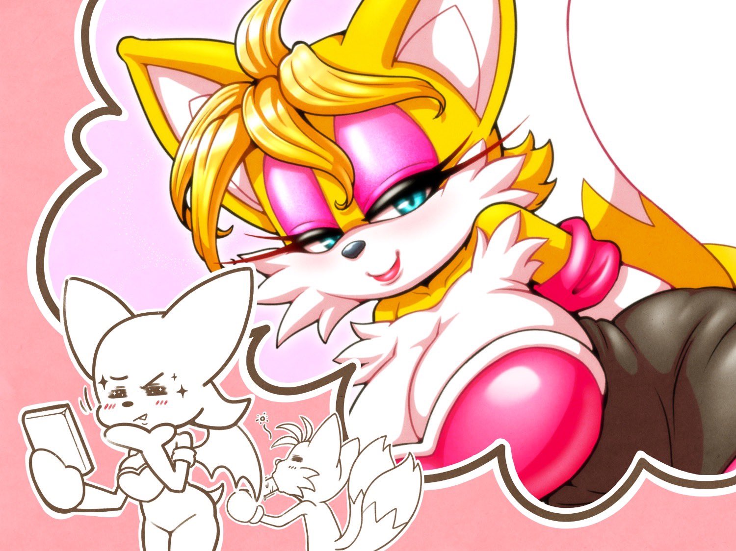 1boy, 2girls, age difference, anthro, bat, breasts, female, fox, genderswap, genderswap (mtf), large breasts, male, michiyoshi, older female, older female and younger male, rouge the bat, rouge the bat (cosplay), rule 63, sega, sonic (series), sonic the hedgehog (series), tagme, tails, tails the fox, tailsko, younger male