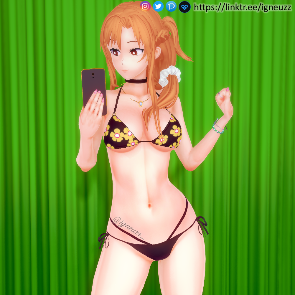 3d big_breasts bikini bikini_bottom blonde_hair blush breasts cleavage ear_piercing earrings female female_only gyaru huge_breasts igneuzz igneuzz_set light-skinned_female long_hair orange_hair selfie selfie_pose sono_bisque_doll_wa_koi_wo_suru sword_art_online yuuki_asuna