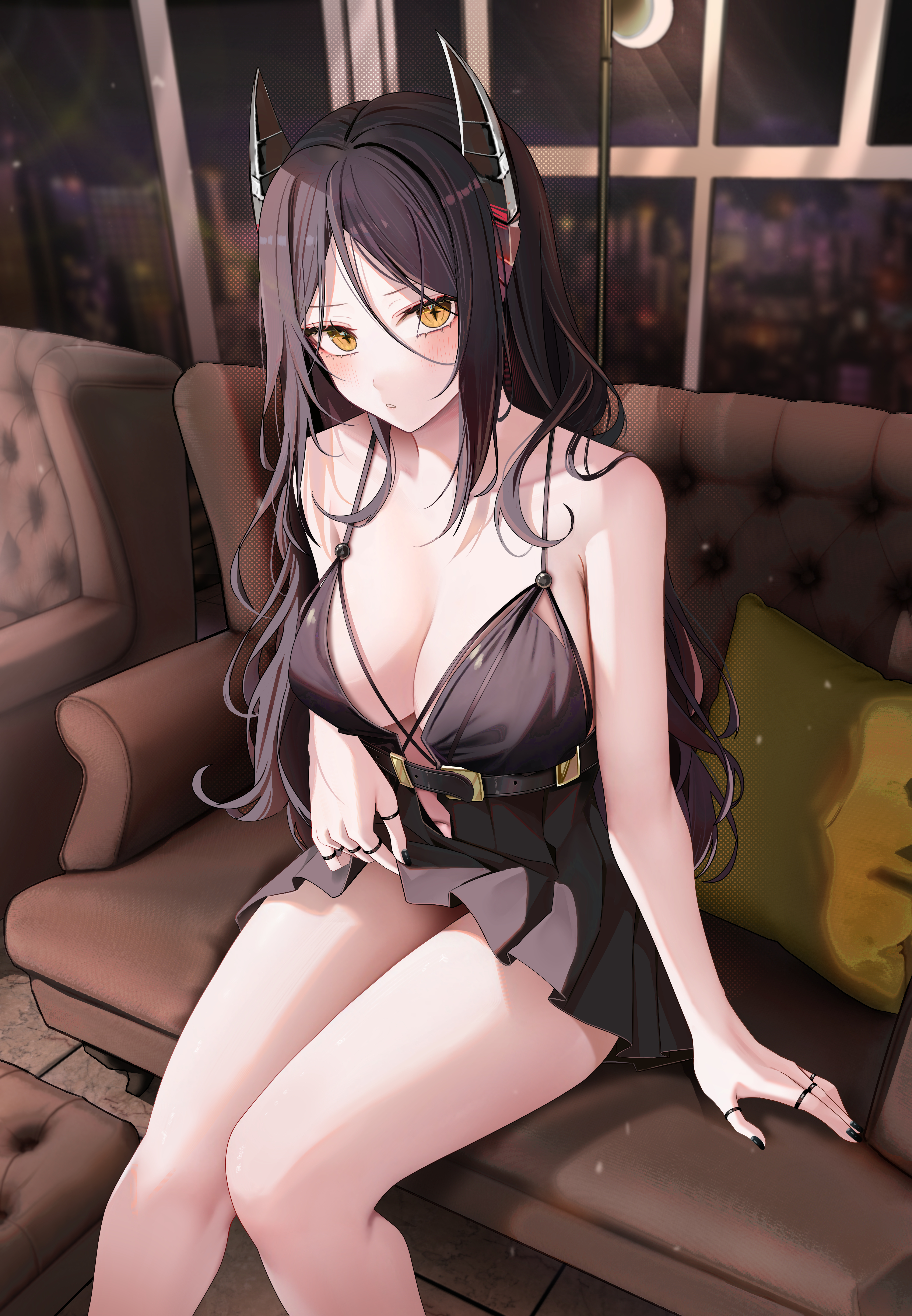 1girls, arknights, bare shoulders, big breasts, black dress, black hair, black nails, blush, breasts, chest, cleavage, couch, demon, dress, female, female only, head tilt, highres, horns, indoors, ines (arknights), legs, legs together, light skin, light-skinned female, long hair, looking at viewer, loose clothes, nail polish, nails, navel, night, no bra, rings, ru zhai, sitting, sitting on couch, solo, surprised, symbol-shaped pupils, thighs, window, yellow eyes
