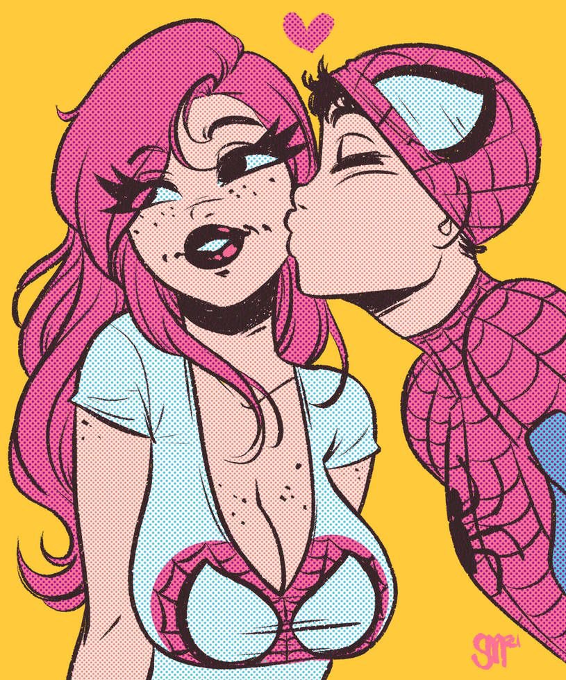 1boy 1boy1girl 1girls big_breasts breasts bust busty canon_couple cleavage cute cute_face digital_drawing_(artwork) digital_media_(artwork) female female_focus green_eyes huge_breasts kissing large_breasts light-skinned_female light_skin lips male male/female marvel marvel_comics mary_jane_watson peter_parker red_hair sgtmadness shirt spider-man spider-man_(series) straight straight_hair thick_lips voluptuous watermark wholesome