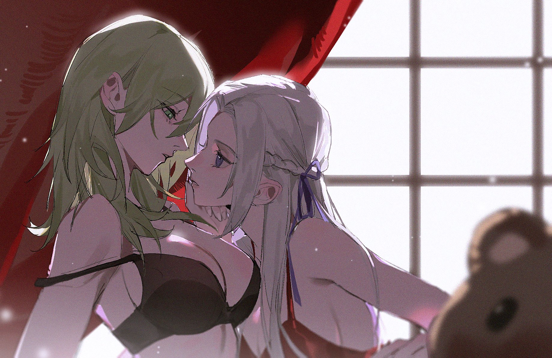 2girls, bare shoulders, black bra, bra, breasts, byleth (fire emblem), byleth (fire emblem) (female), caicaicaicai ni caicai, cleavage, cowgirl position, curtains, edelgard von hresvelg, eye contact, female, female only, fire emblem, fire emblem: three houses, from side, green eyes, green hair, hair between eyes, hair ribbon, hand on another's chin, highres, leaning on person, looking at another, looking down, looking up, multiple females, multiple girls, nintendo, parted bangs, purple eyes, purple ribbon, red bra, ribbon, sideboob, stuffed animal, stuffed toy, teddy bear, underwear, white hair, window, yuri