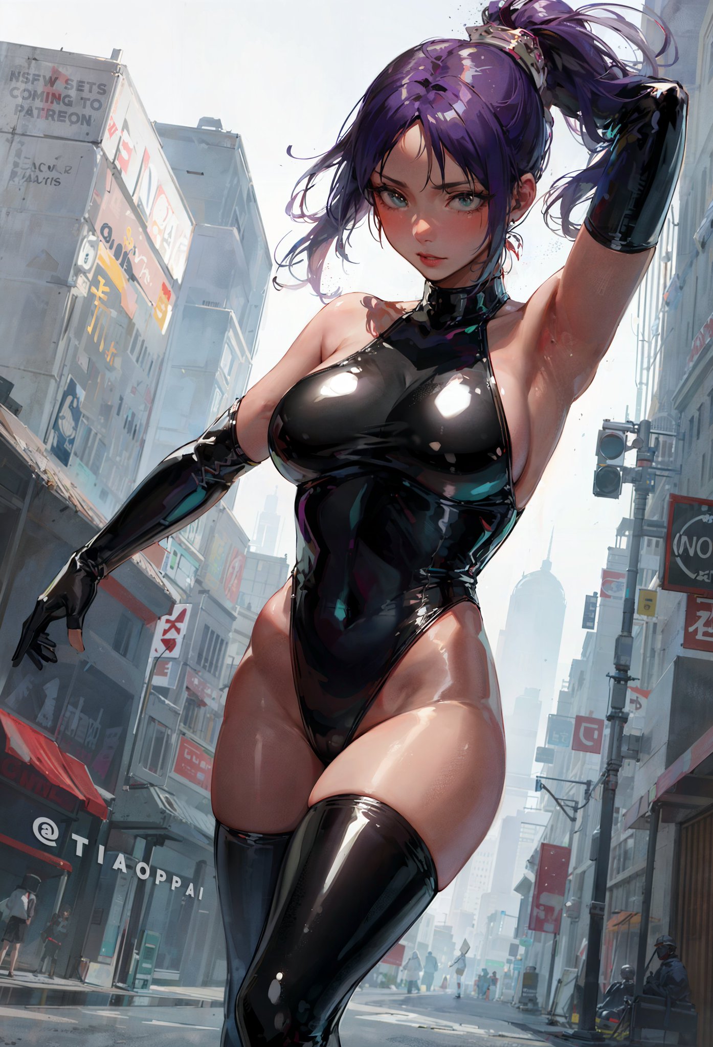 1girls, ai generated, armpits, bleach, breasts, curvy body, curvy female, curvy figure, female, huge breasts, latex leotard, long hair, looking at viewer, shihouin yoruichi, solo female, stable diffusion, violet hair, voluptuous, voluptuous female